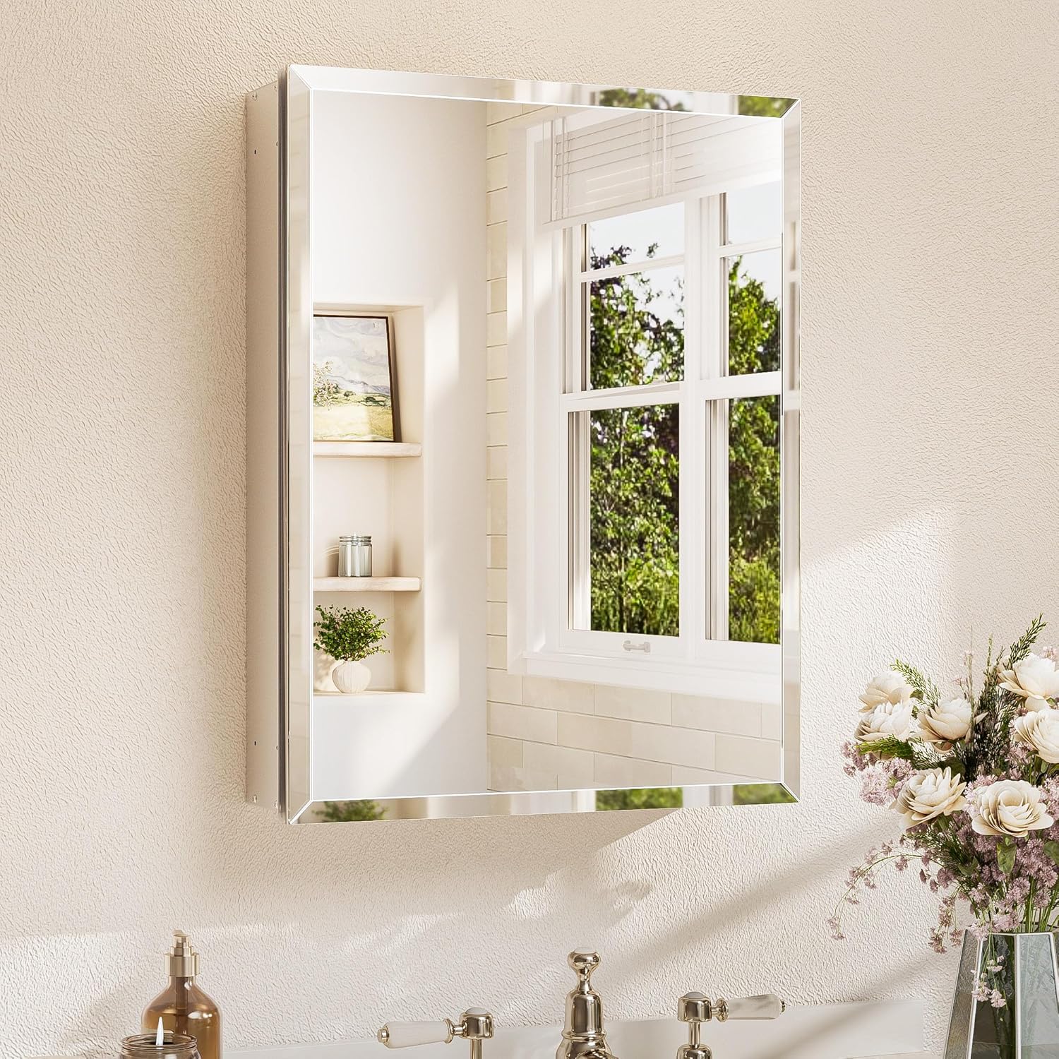 TETOTE 20 x 26 Bathroom Mirror with Storage with Tempered Beveled Mirror Silver Medicine Cabinet Aluminum Cabinet DTC Hinges, Stepless Adjustable Shelves, Recessed/Surface-Mounted 26"L x 20"W Silver