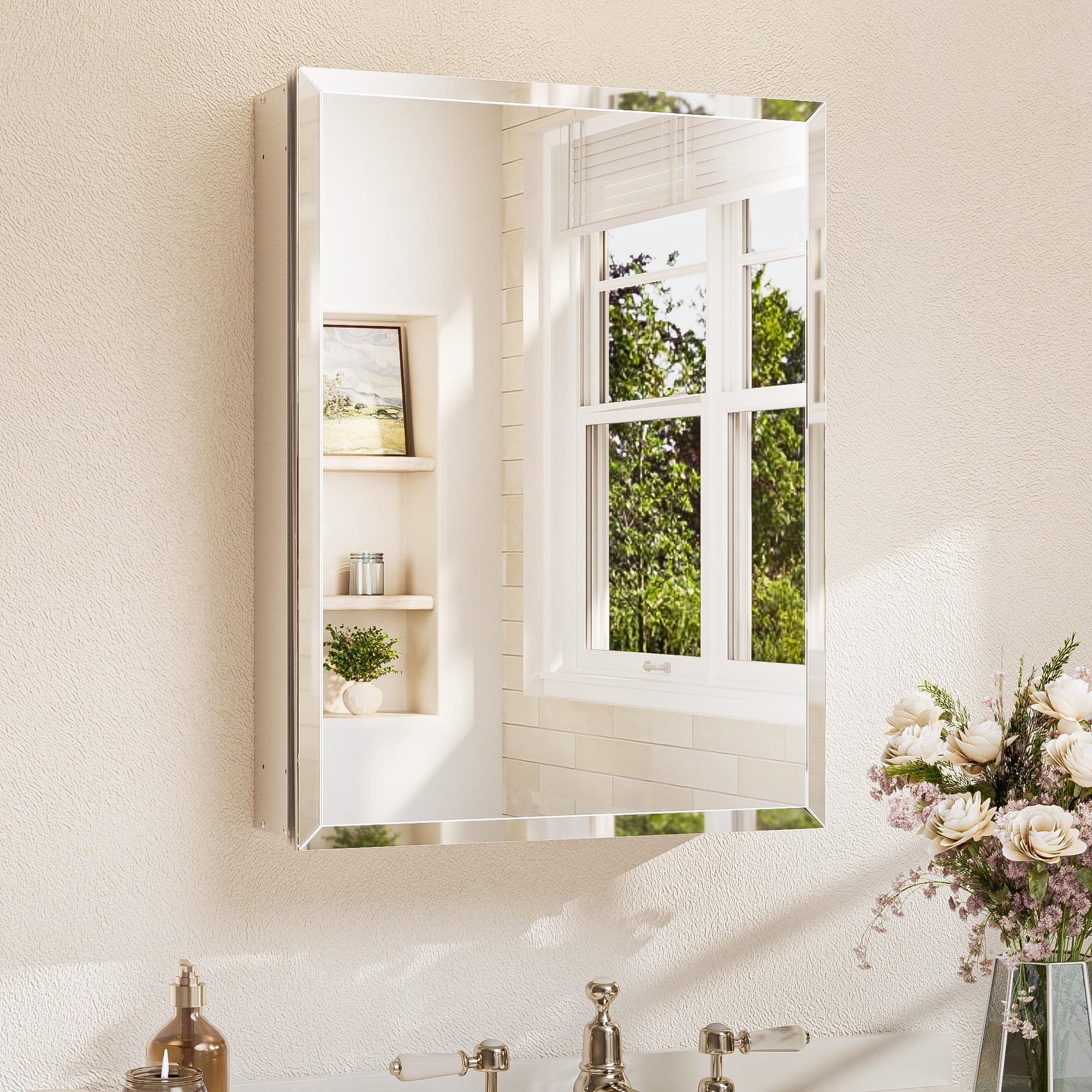 TETOTE 20 x 26 Bathroom Mirror with Storage, Tempered Beveled Mirror