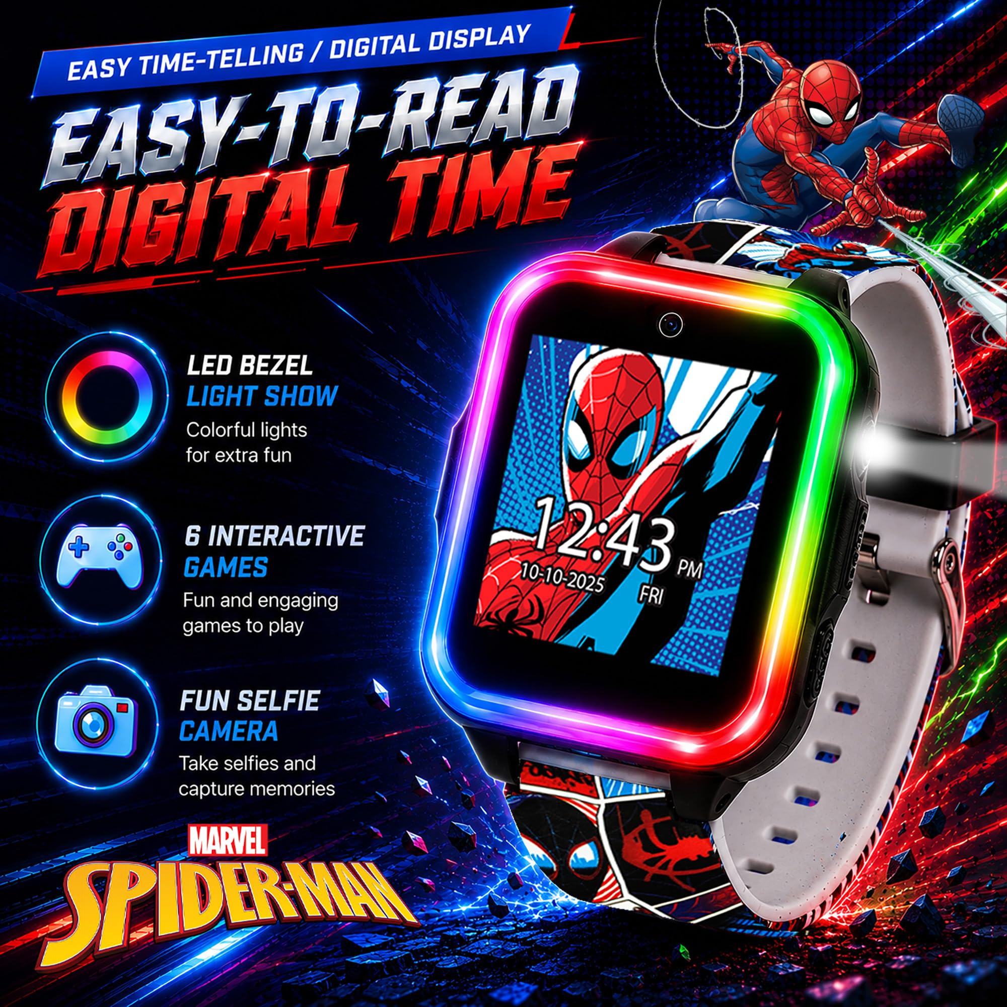 Marvel Spider-Man Kids Smartwatch interattivo con touchscreen, giochi, fotocamera, timer e contapassi, per ragazzi e ragazze, 10 quadranti, 3 sfondi, cinturino rosso e blu, lunetta luminosa a LED,
