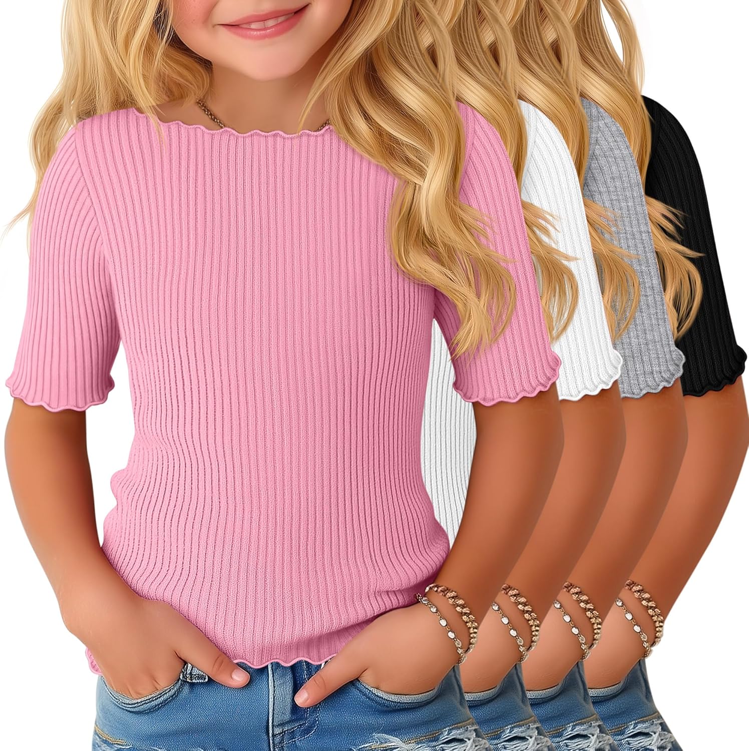 4 Pack Toddler Girls' Lettuce Trim Shirts Baby Girl Cotton Half Sleeve Tees Kid Ribbed Knit Boat Neck Casual Tops