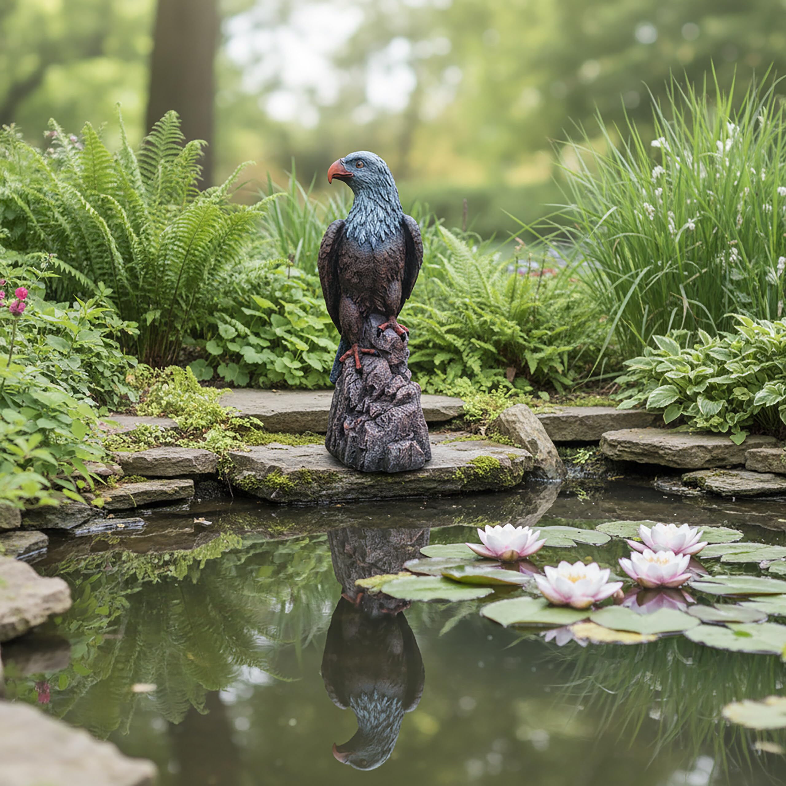 Relaxdays Adler Figur, sitzend, HxBxT: 66 x 30 x 36 cm, Polyresin, UV-beständig, wetterfeste Gartendeko, braun/grau