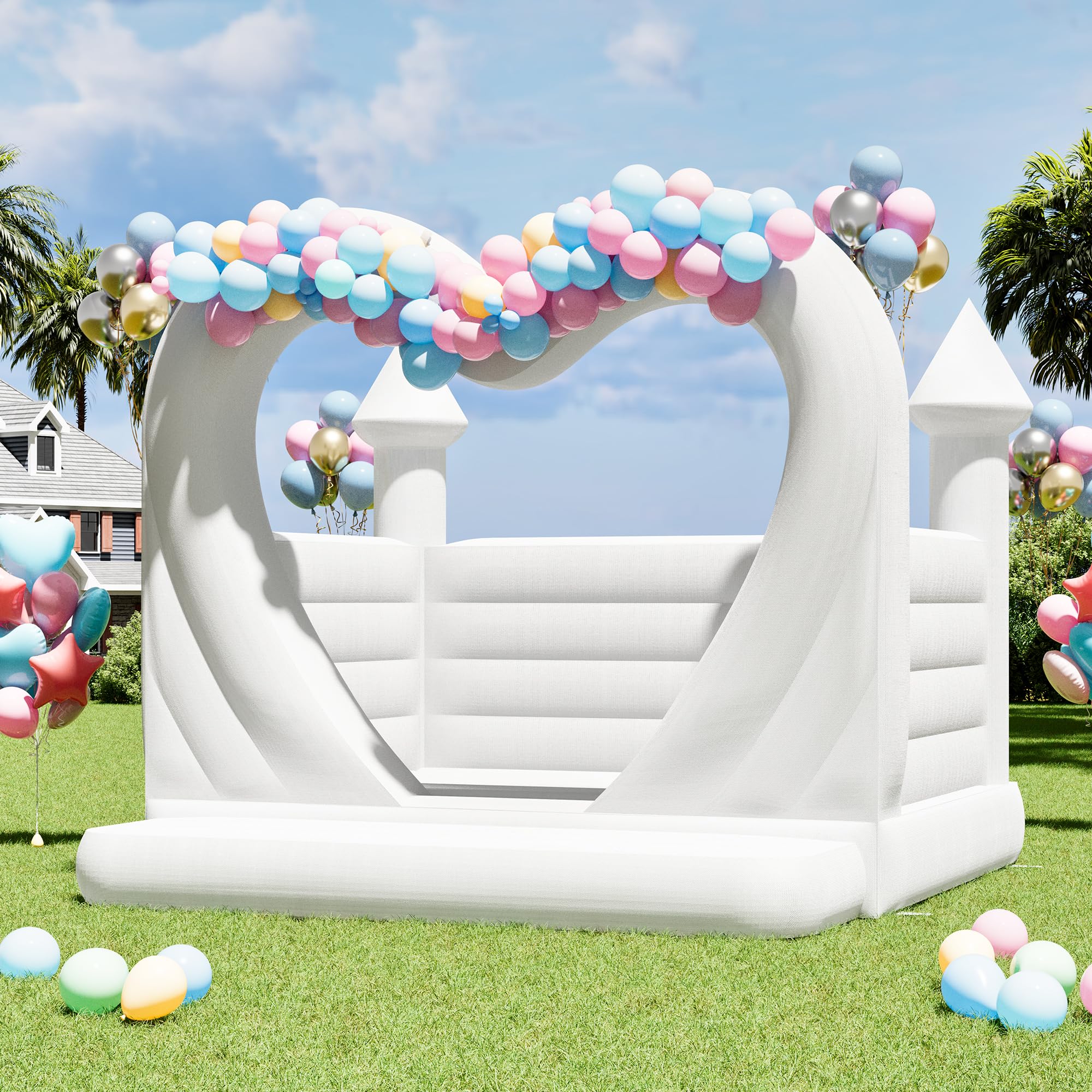 Jocisland Inflatable White Bounce House, 13.1×13.1×9.8 FT Commercial PVC Inflatable White Castle with 950W Blower, for Wedding and Party Decorations