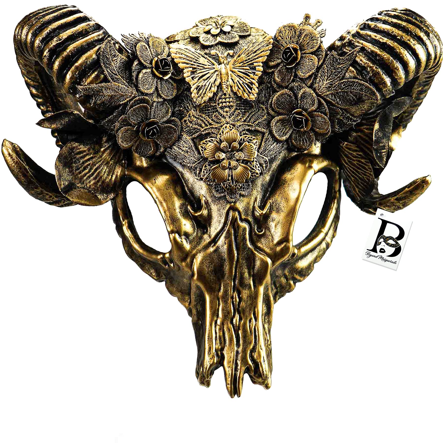 Goat Mask Animal Ram Antler Headdress Wendigo Horns Mask Venetian Masquerade Ball Fairy Halloween Cosplay Big Horns Mask (Gold)