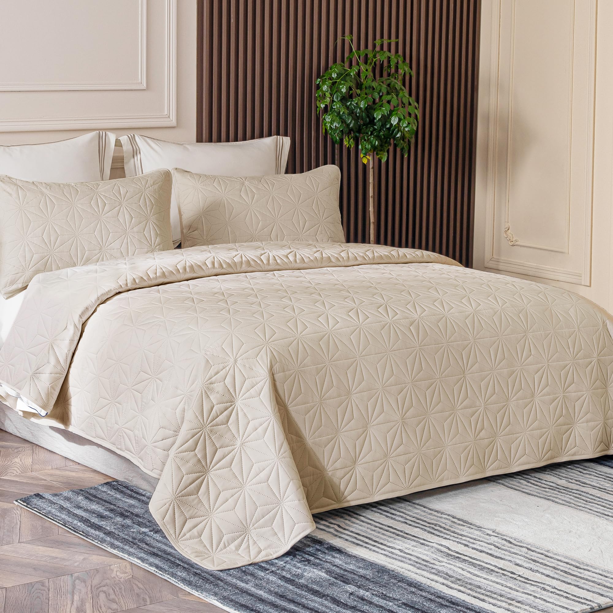 Whale Flotilla Couvre-Lit 240x260 cm avec 2 Taies d'oreiller, Dessus de Lit Gaufré Doux Léger avec Motif Géométrique pour 4-Saisons, Beige