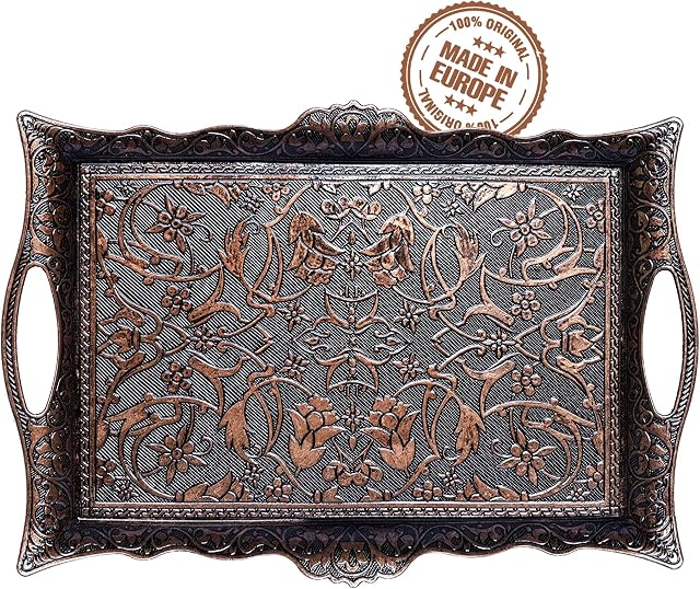 CRYSTALIA Fancy Ottoman Serving Trays, Premium Metal Turkish Trays for Beverage Serving, Vintage Ottoman Rectangular Tray with Handles, Decorative Turkish Tea Coffee, Dessert Table