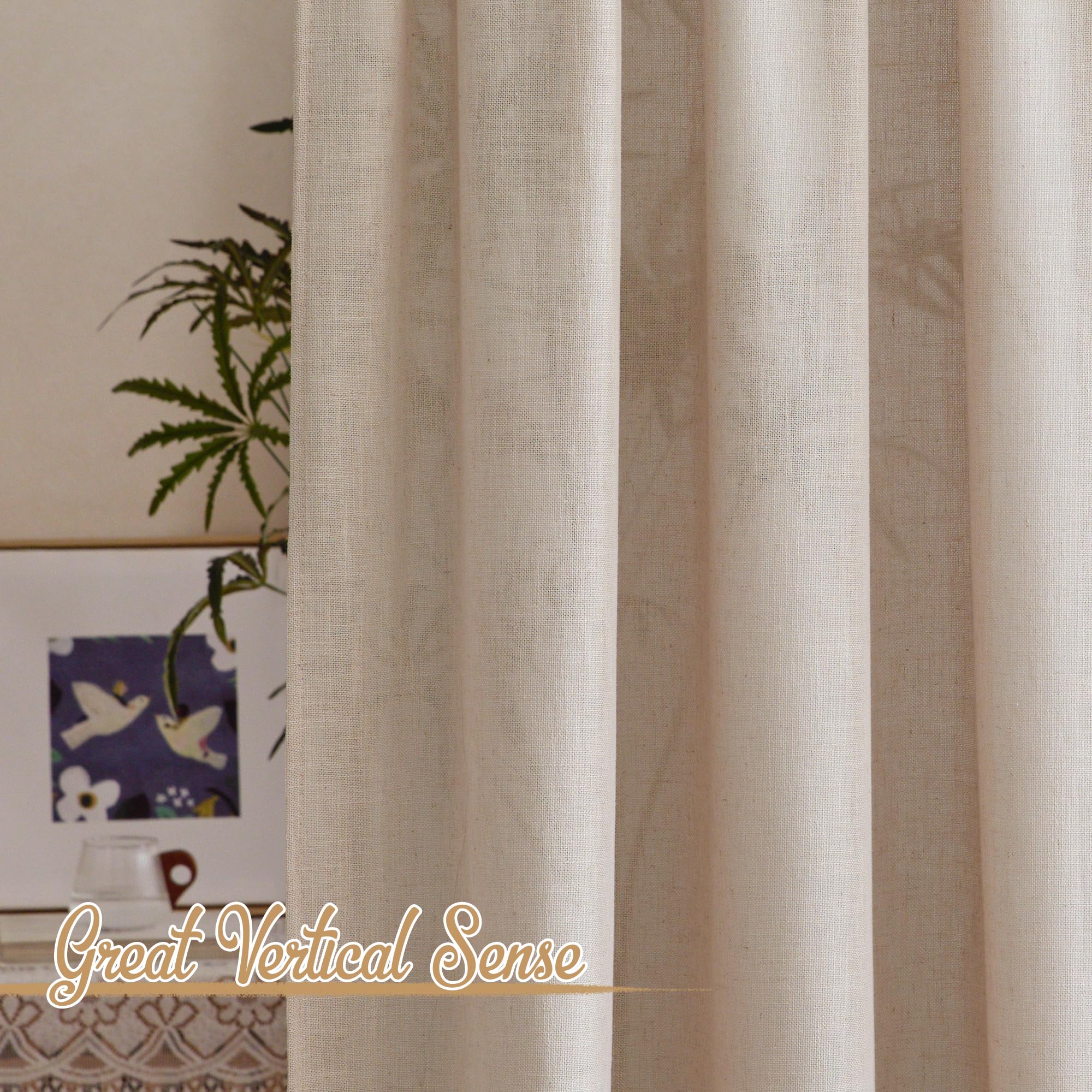 PONY DANCE Boho Gardinen Leinen Natur Wohnzimmer Vorhänge für Schienen 2er Set H 245 x B 140 cm Leinengardine mit Kräuselband Vorhang Leinenoptik Halbtransparent Linen Curtains Bedroom