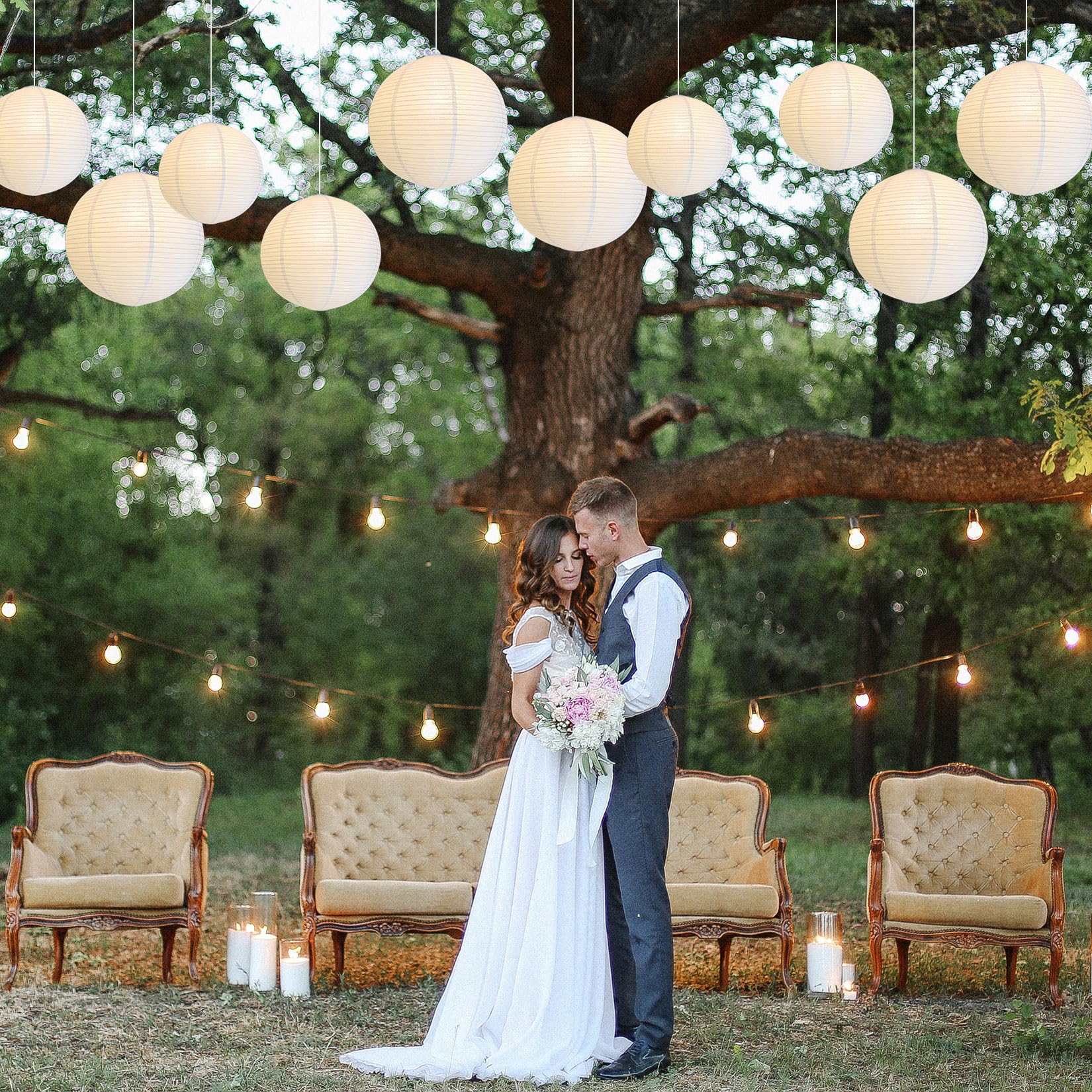 30er-Set Papierlampions Weiß mit LED Lichter, Runde Papierlaternen Warmweiß mit Mini LEDs, Deko Lampenschirm zum Aufhängen für Hochzeit, Gartenparty, Geburtstag & Feier (Ø 15/20/25/30cm)