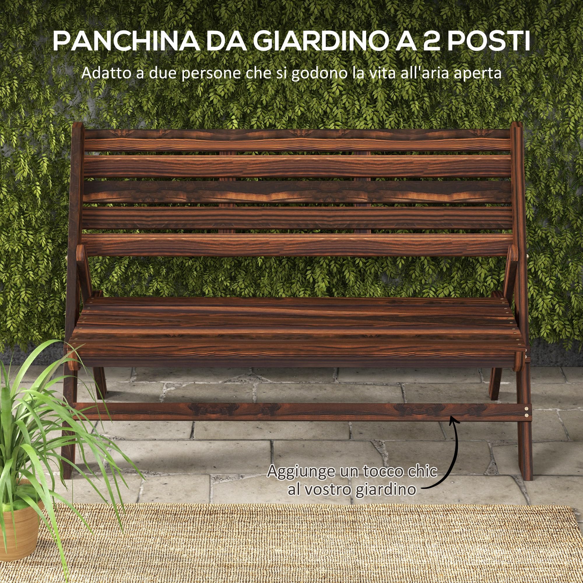 Outsunny Panchina da Giardino da 2 Posti Pieghevole, Panchina da Esterno a Doghe in Legno di Pino, Panca per Terrazza Patio e Cortile, 122x63x83 cm, Carbonizzato