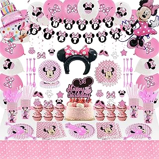 206 Pcs Birthday Party Supplies Serves 20 Guests, Party Decorations with Mouse Banner, Cake Topper, Spoons, Fork, Knife, Napkins, Tablewear,Tablecover and Hanging Swirls