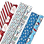Hallmark Christmas Reversible Wrapping Paper, Kids (Pack of 3, 120 sq. ft. ttl) Santa, Joy, Penguins, Snowflakes, Polka Dots, Stripes