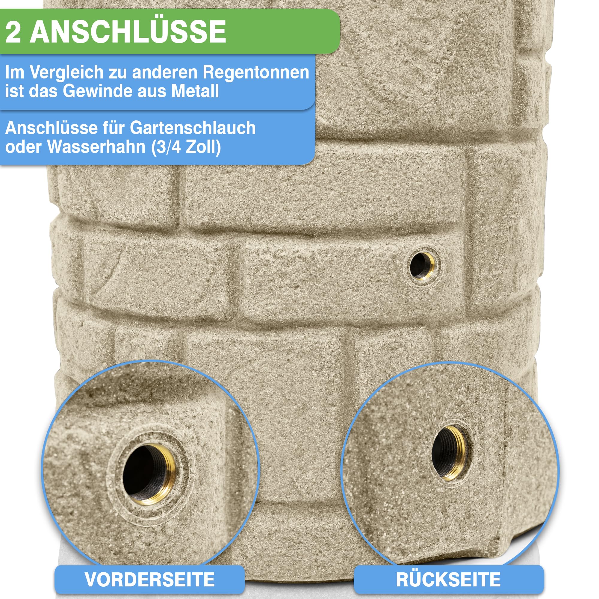 YourCasa Regentonne 230 Liter [StoneRain] mit Metallgewinde und Deckel in Steinoptik - Regenfass Frostsicher aus Kunststoff - Regenwassertonne - Regenwassertank Garten Wassertank Regensammler (Sand)