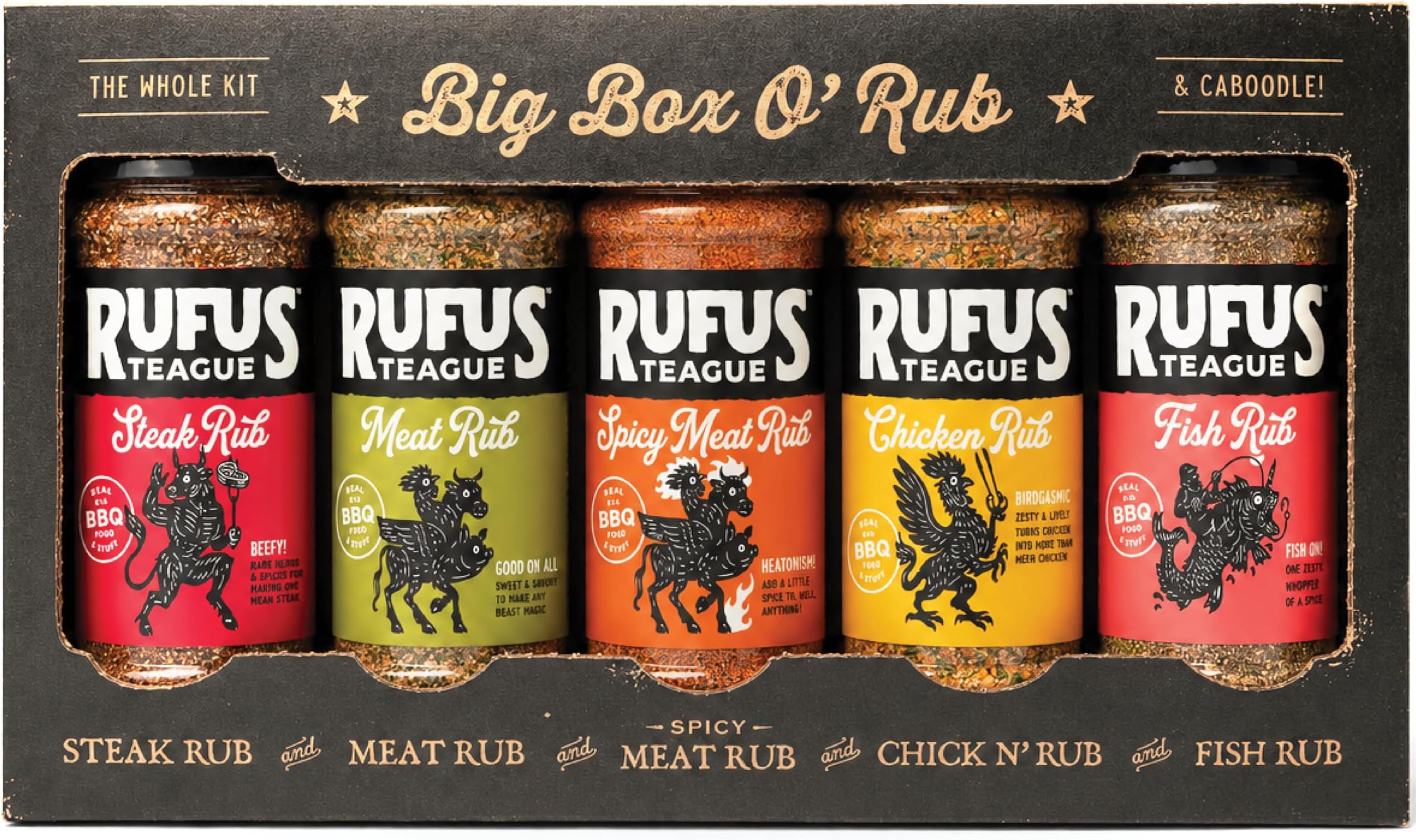 Rufus Teague BBQ Seasoning Gift Set, Big Box O' Rub BBQ Dry Rub for Smoking and Grilling Meat, 5 Flavor Spice Set, Gifts for Men Who Like Grilling