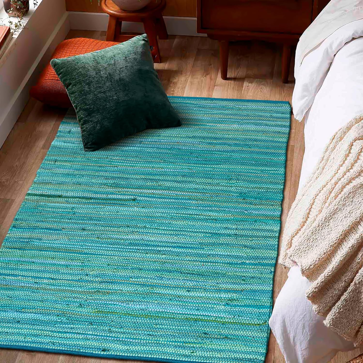 Cotton Hand Woven Chindi Rug 3x5 Feet - Teal, Reversible Large Durable Handmade Rag Dhurrie Ideal for Hallway, Kitchen, Living Room | Green Farmhouse Decorative Rectangular Floor Mat for Balcony