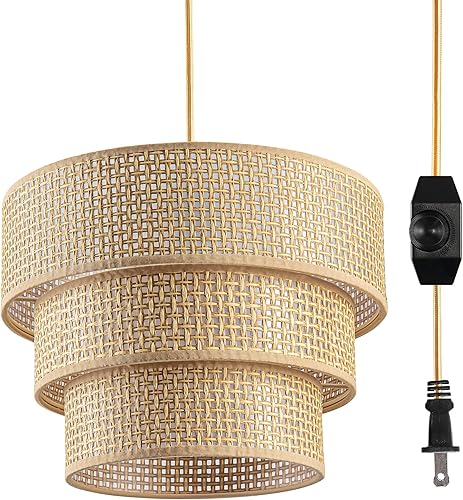 Lámpara colgante enchufable, lámpara colgante con interruptor regulable, lámparas colgantes de ratán con cable de 15 pies, lámpara bohemia con