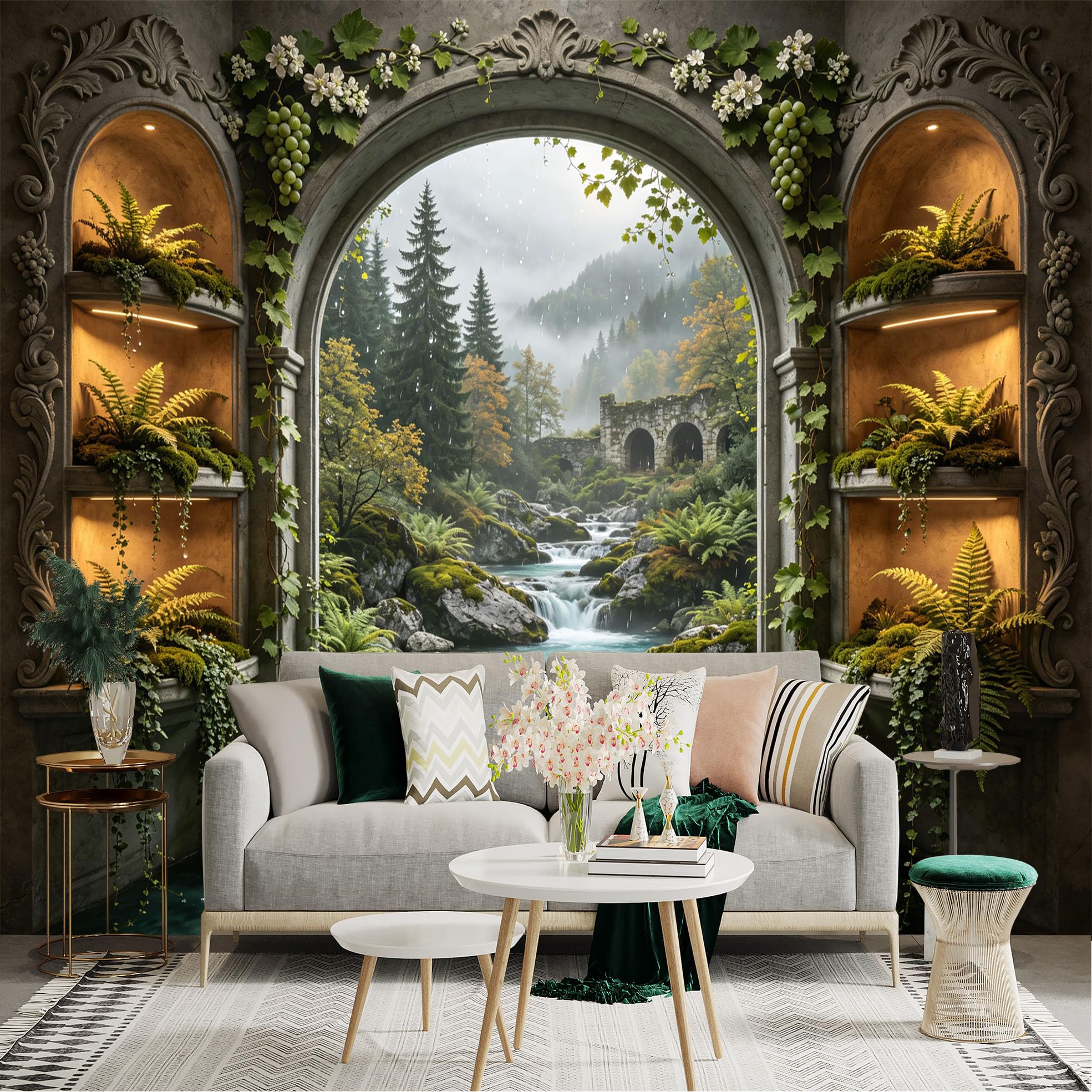 Custom Size Wall Sticker Mural， Forest Waterfall View Through Stone Arch with Ferns and Ancient Ruins， for wall Decoration， peelandstick wall Decals.