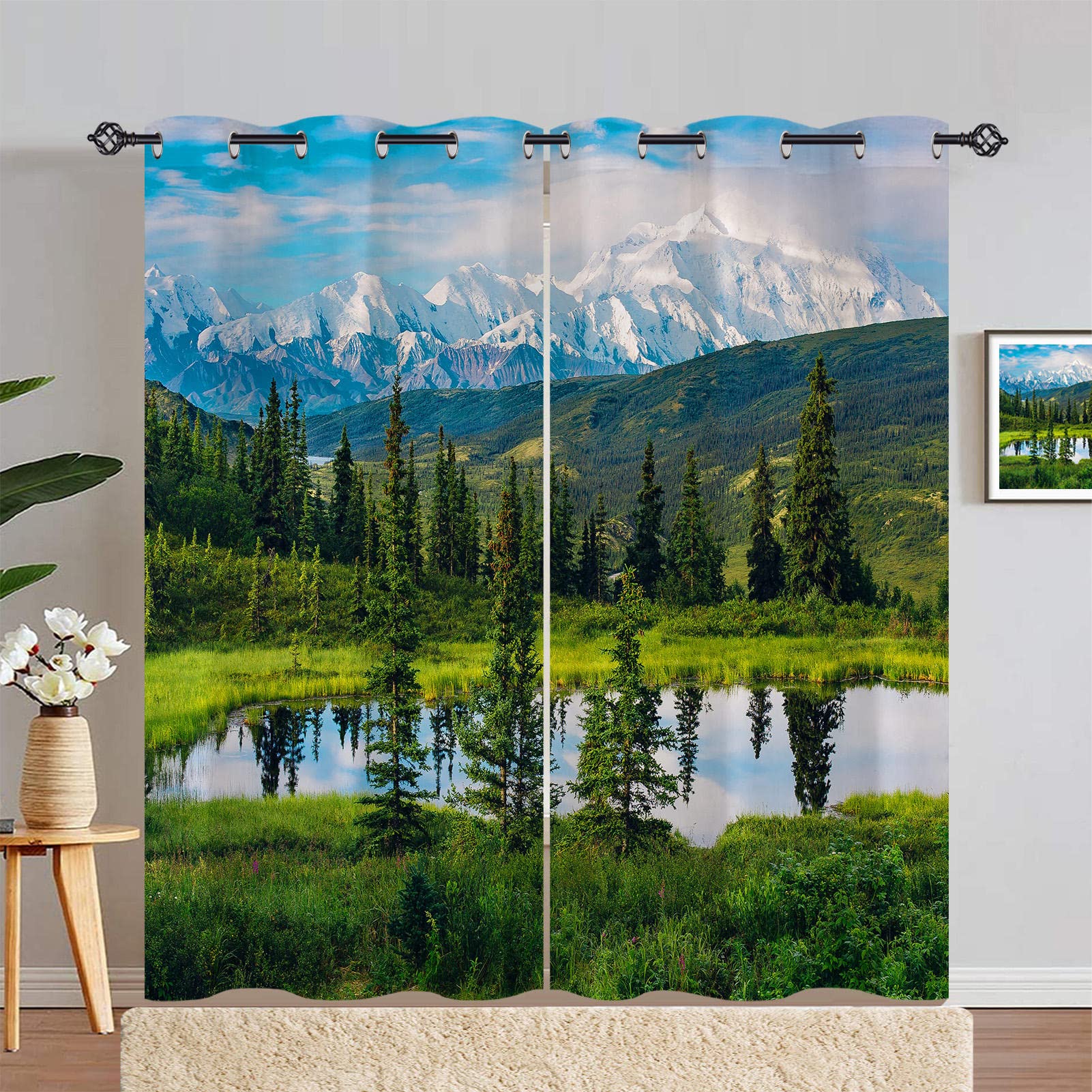 ANHOPE Landscape Curtains Eyelet 80% Blackout Room Darkening Curtains with Nature Scenery Snow Mountain Print Pattern Light Blocking Window Drapes for Bedroom Living Room 46 x 90 Inch Drop 2 Panels โ image 1