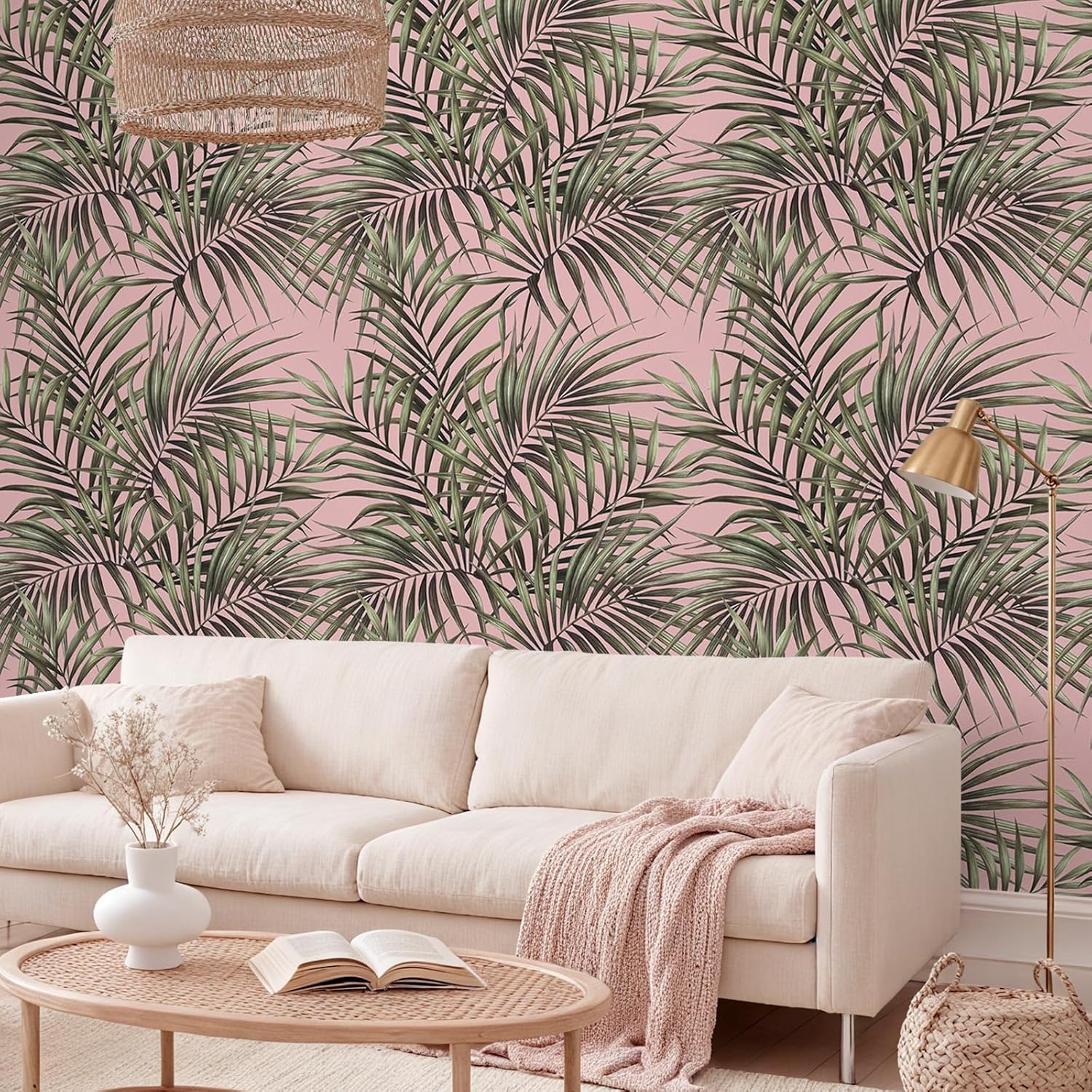 VEELIKE Exotic Pink Tropical Wallpaper Peel and Stick Oasis Palm Leaf Wallpaper for Bedroom Accent Wall 17.7''x354'' Self Adhesive Tropical Contact Paper Pink Wall Paper for Bathroom Living Room