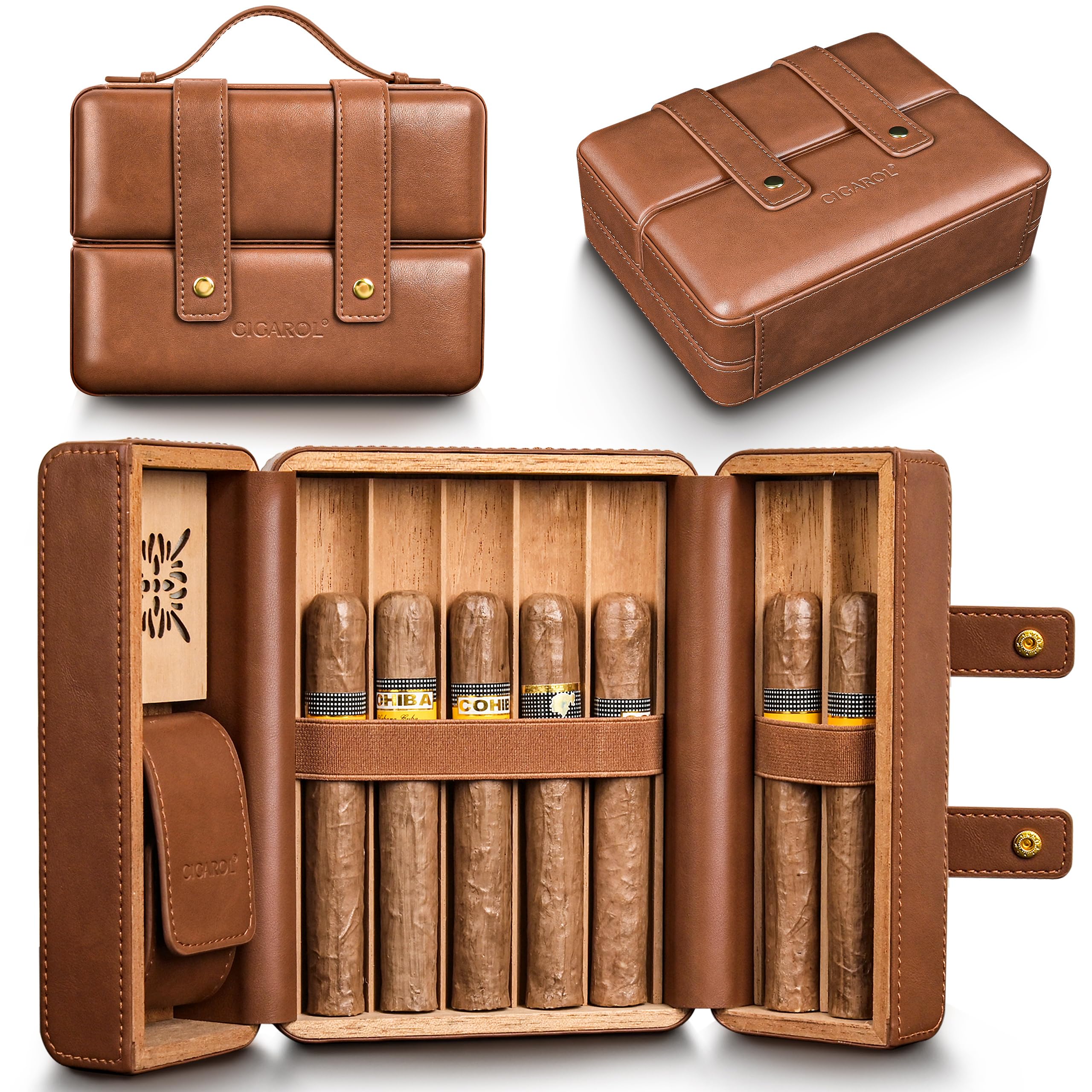 Humidor per sigari in pelle, set da viaggio con igrometro e umidificatore, portatile da viaggio, per 6 sigari