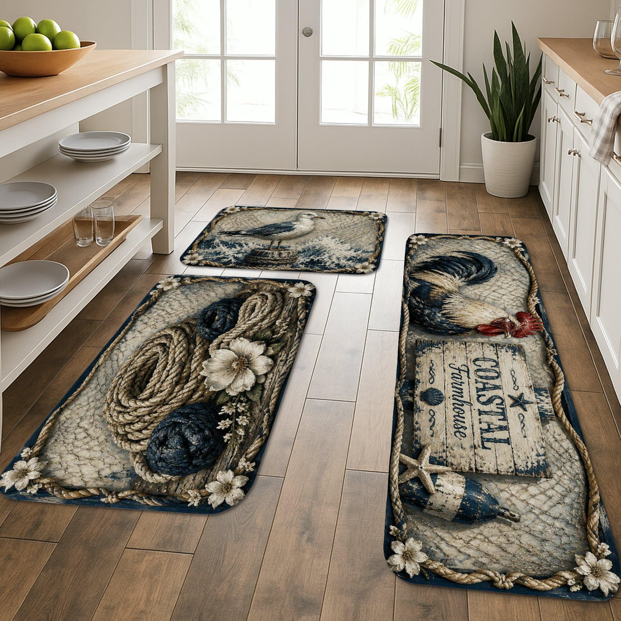 Tapis de cuisine côtiers doux en lot de 3 tapis rustiques haut de gamme et lavables