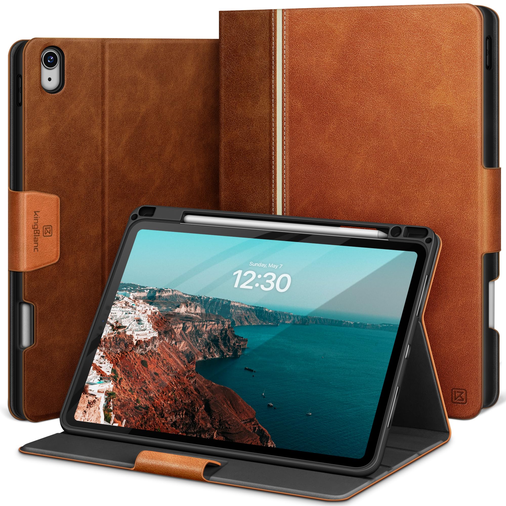 KingBlanc for iPad Air 13 inch Case (M3 2025/M2 2024) with Pencil Holder, Vegan Leather Protective Stand Cover, Auto Wake/Sleep, Angles for Viewing/Drawing, Supports Pencil Pro/(USB-C), Brown