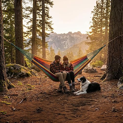 Miniatura 6 de Sunnydaze Hamaca doble maya tejida a mano XXL de cuerda gruesa para exterior, capacidad de 625 libras, hamaca resistente para exteriores, multicolor