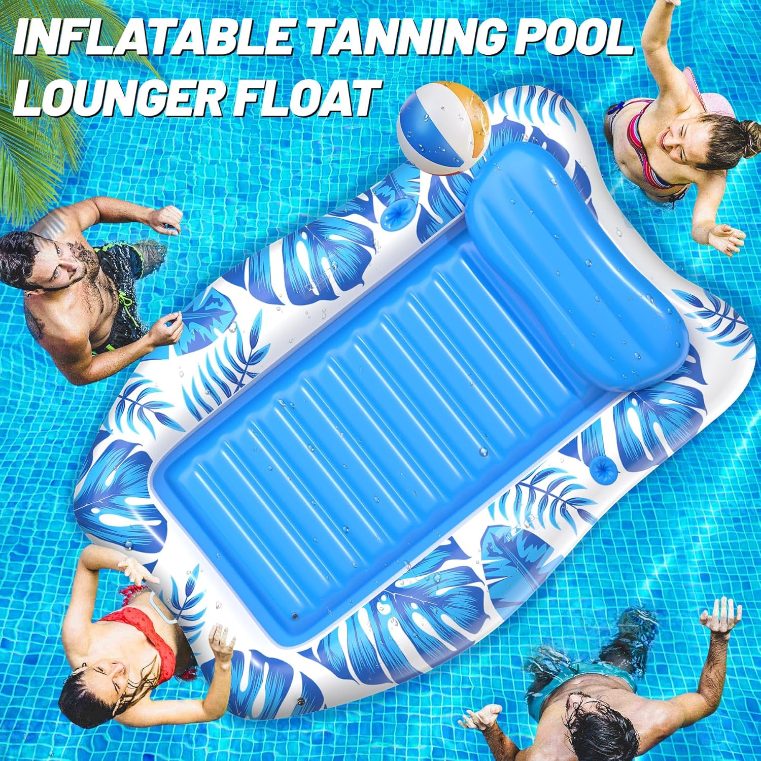 LanAqua Inflatable Tanning Pool, Large Tanning Pool Lounger Float for Adults with Removable Head Rest, Sunbathing Tanning Pool Float with Cup & Phone Holders, Blow Up Tanning Pool Bed