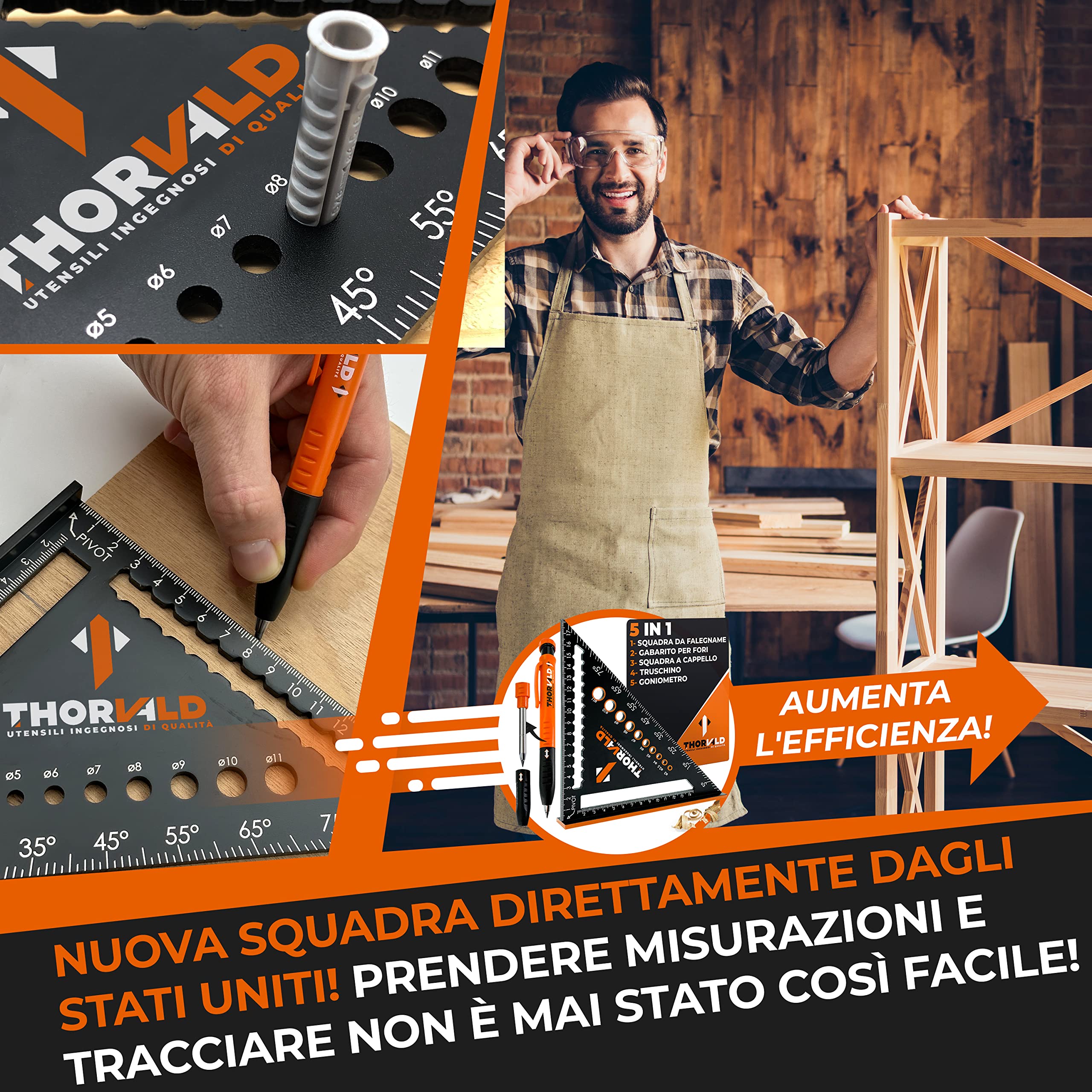 THORVALD Squadra da Falegname Multifunzione 180 mm Goniometro Angoli 45-90° Righello Trusquino