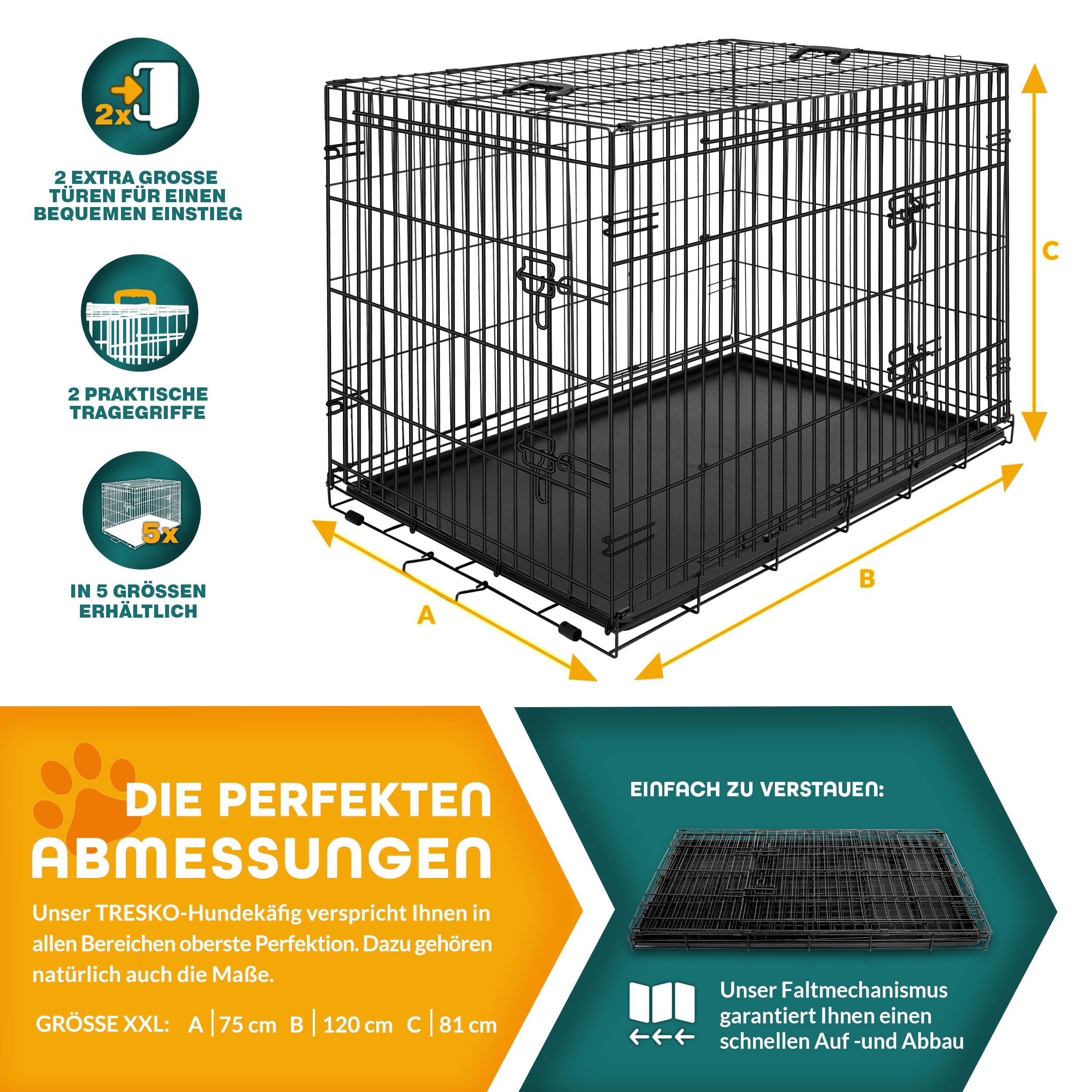 TRESKO Hundekäfig faltbar mit 2 Türen | Transportkäfig Auto | Hundebox mit Bodenschale | Transportbox Drahtkäfig (L 122 x B 74,5 x H 80,5 cm)