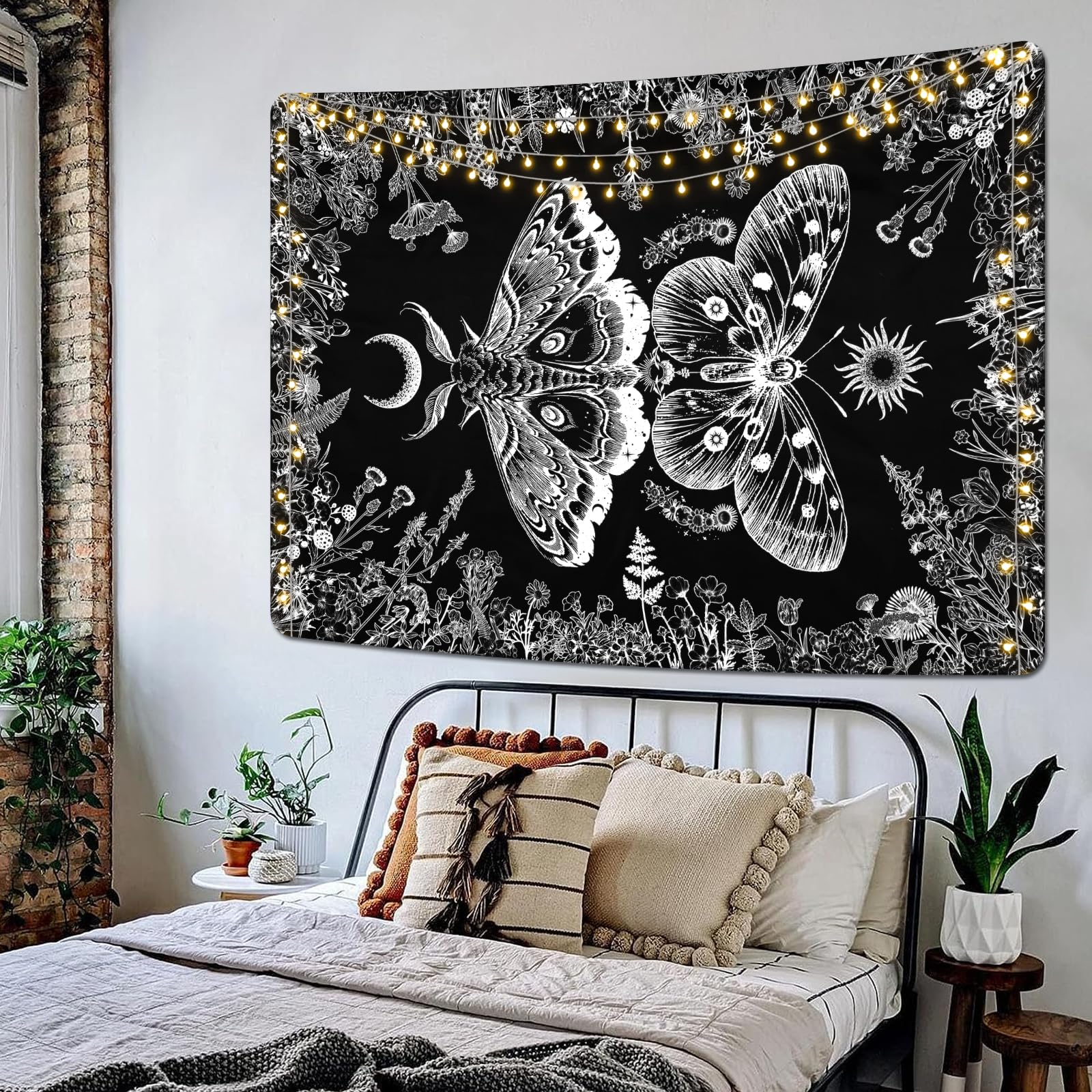 Krelymics Aesthetic Butterfly Tapestry Plants Flowers Tapestries Boho Moth Tapestry Moon Garden Tapestry Black and White Tapestry Wall Hanging for Bedroom Dorm(59.1 x 82.7 inches)
