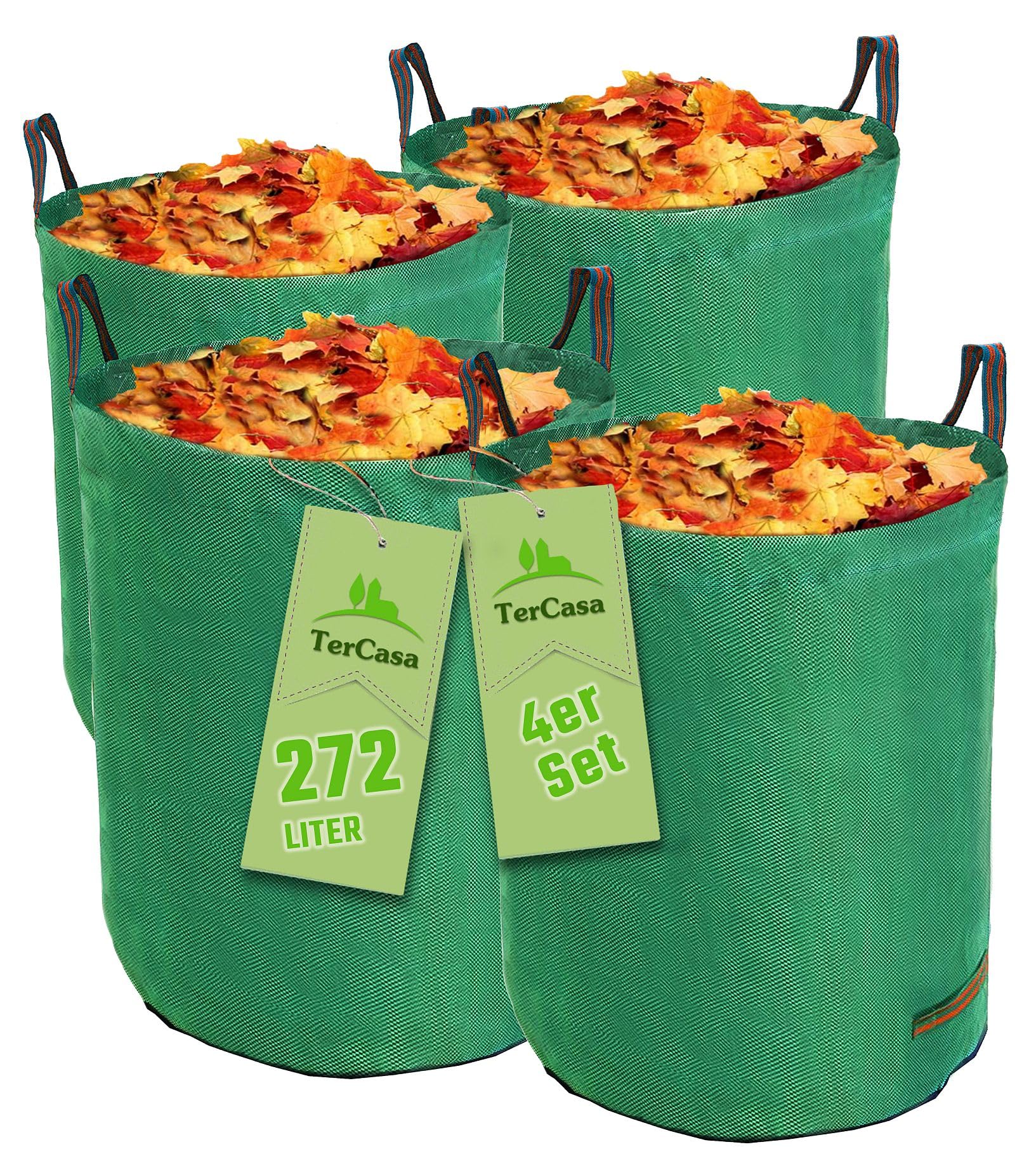 Sacco per rifiuti da giardino, 4 pezzi, 272 l, altezza 76 cm, diametro 67 cm, in tessuto di polipropilene antistrappo, con anello di rinforzo e 4 manici, colore: Verde