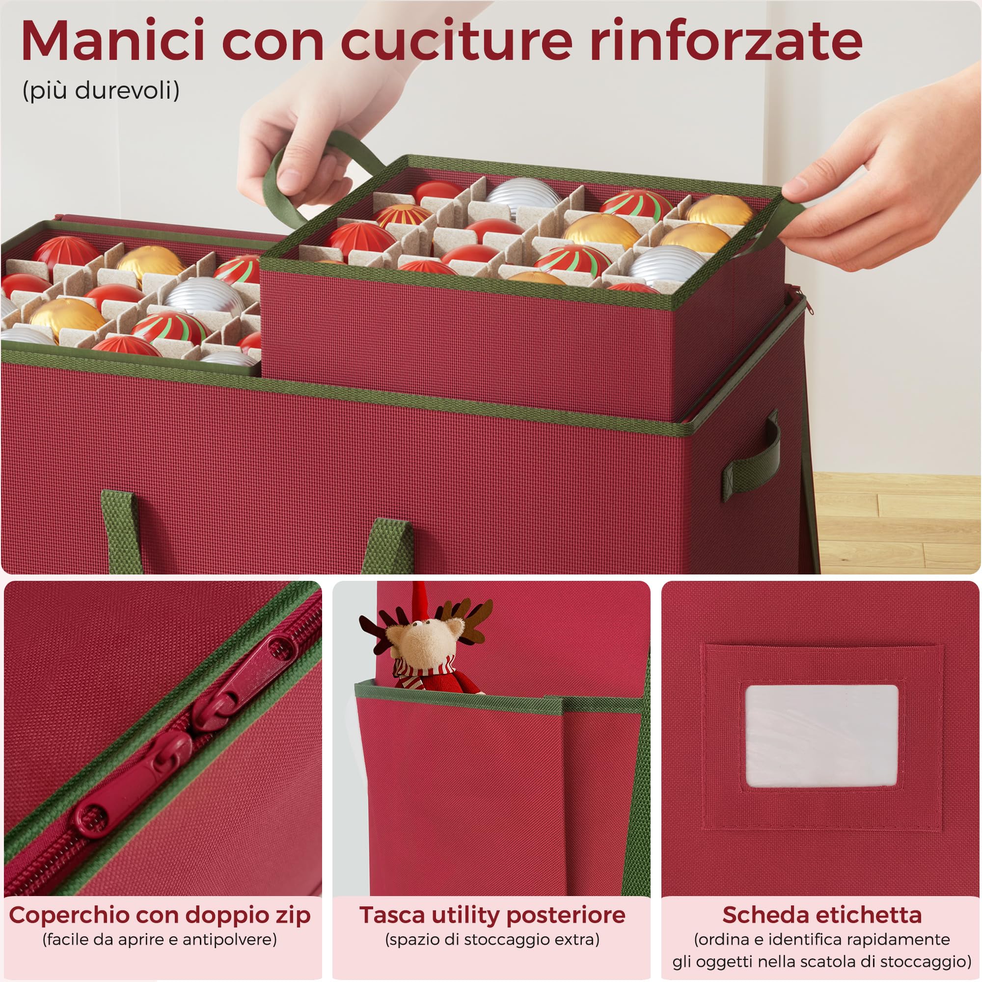 Contenitore per Palline di Natale,160 Scomparti da 10,2 cm, Scatola Impilabile Decorazioni Natalizie con Coperchio, 600D Oxford,64 x 32 x 43,5 cm，Rosso