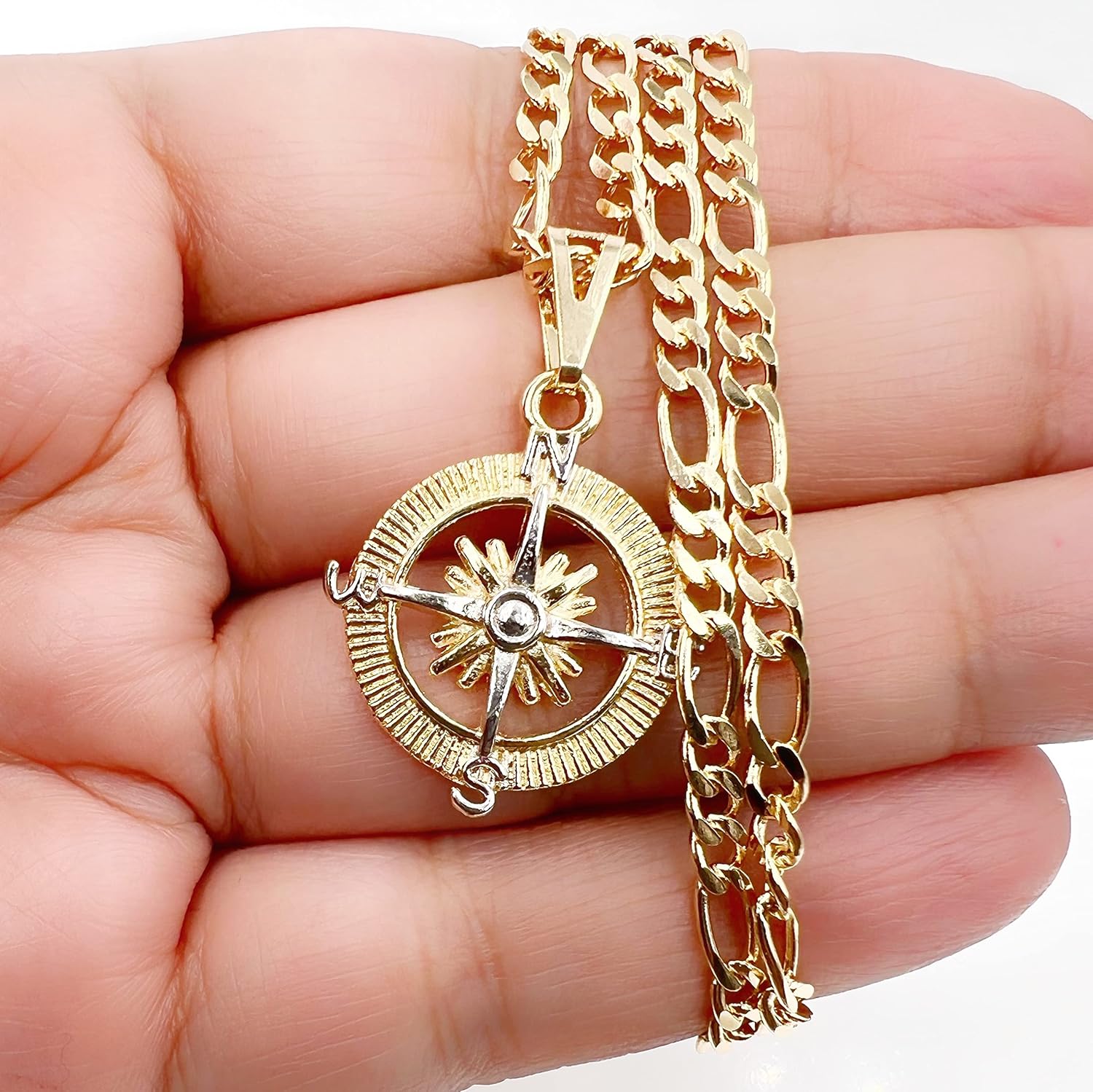 18K Gold Filled Figaro Chain Necklace 18K Plated Compass Pendant Jewelry for Men