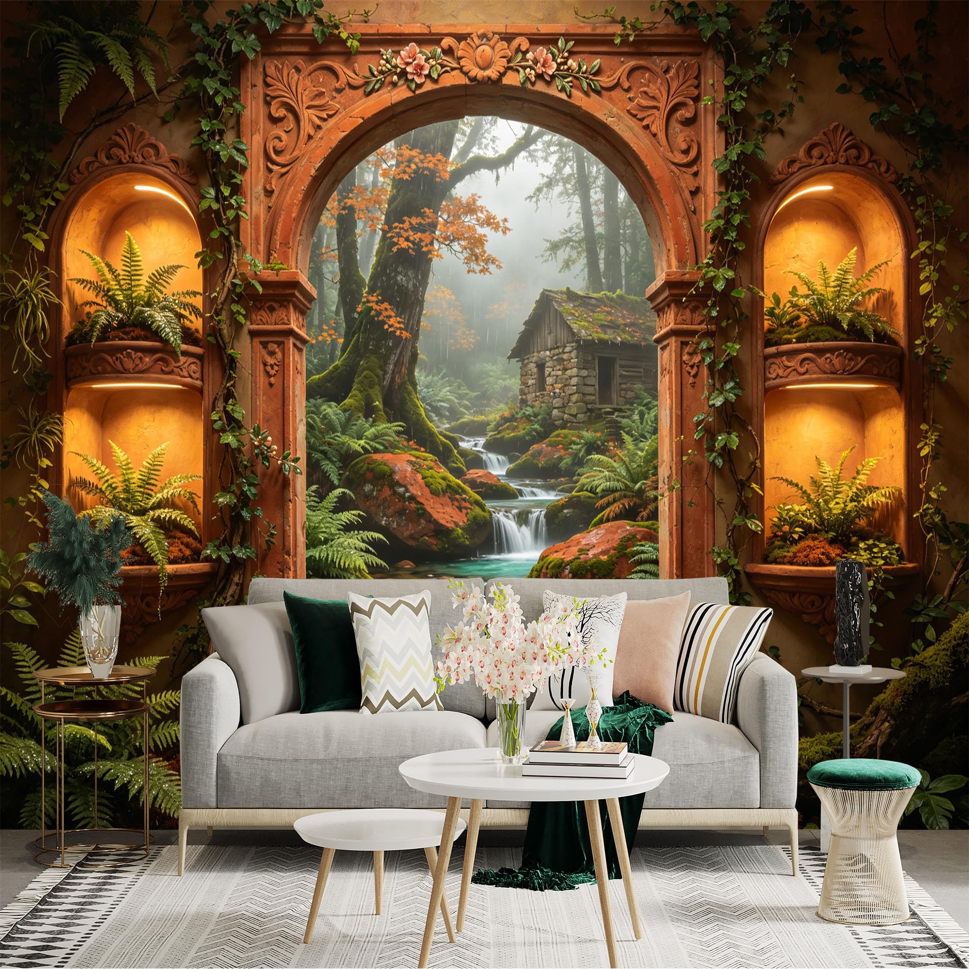 Custom Size Wall Sticker Mural， Forest Waterfall with Stone Cabin and Rustic Archway， for wall Decoration， peelandstick wall Decals.