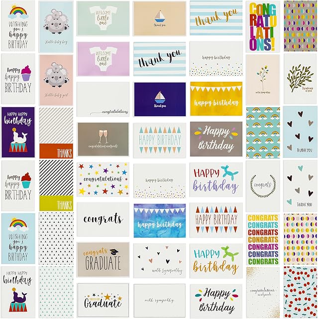 144 Pack All Occasions Greeting Cards and Envelopes Includes Thank You, Birthday, Sympathy Cards, 48 Designs, 10.2 x 15.2 cm