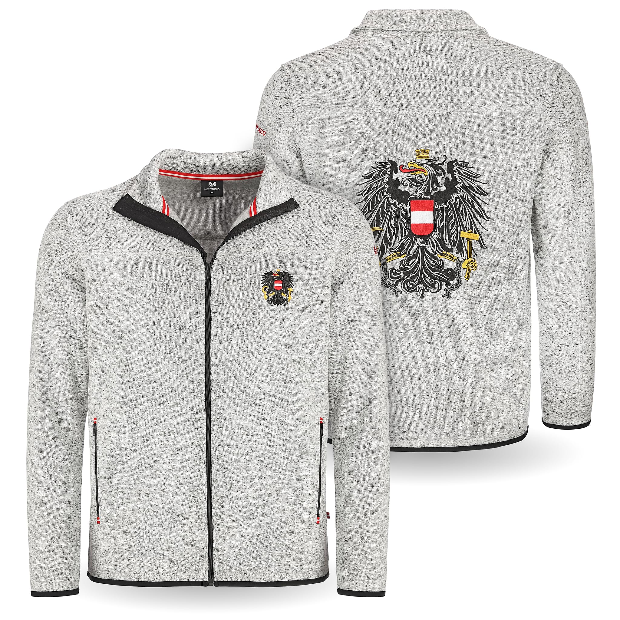 MONTE FUEGO Österreich Jacke Herren Grau mit Reißverschluss, Österreich Adler Stick, Fleecejacke Herren, Jacke Herren div. Größen, Übergangsjacke Herren