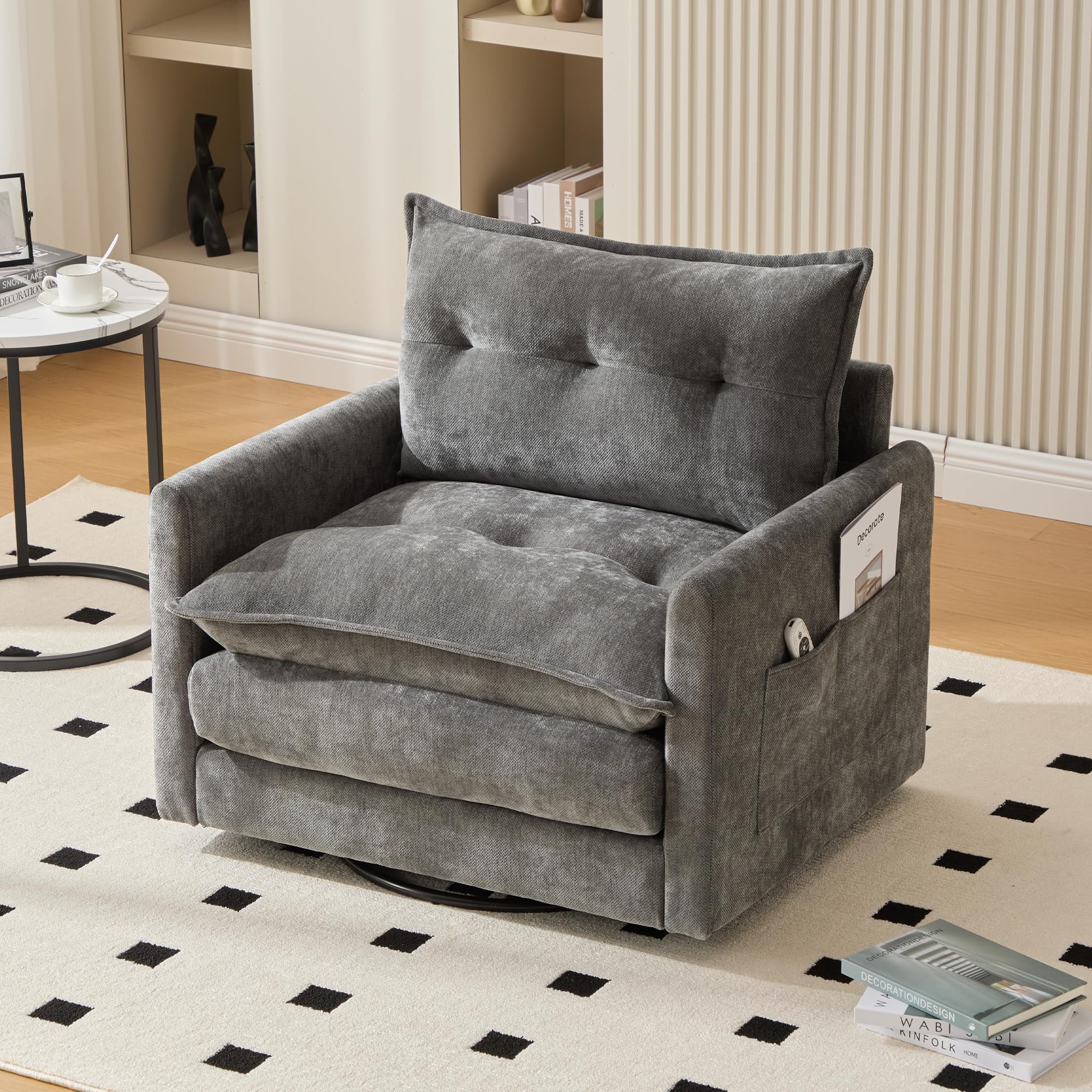 Modern Gray Cloud Swivel Accent Chair, Chenille Upholstered Arm Chair, Comfy Reading Chairs, Single Sofa for Living Room Office Bedroom Apartment (Gray)