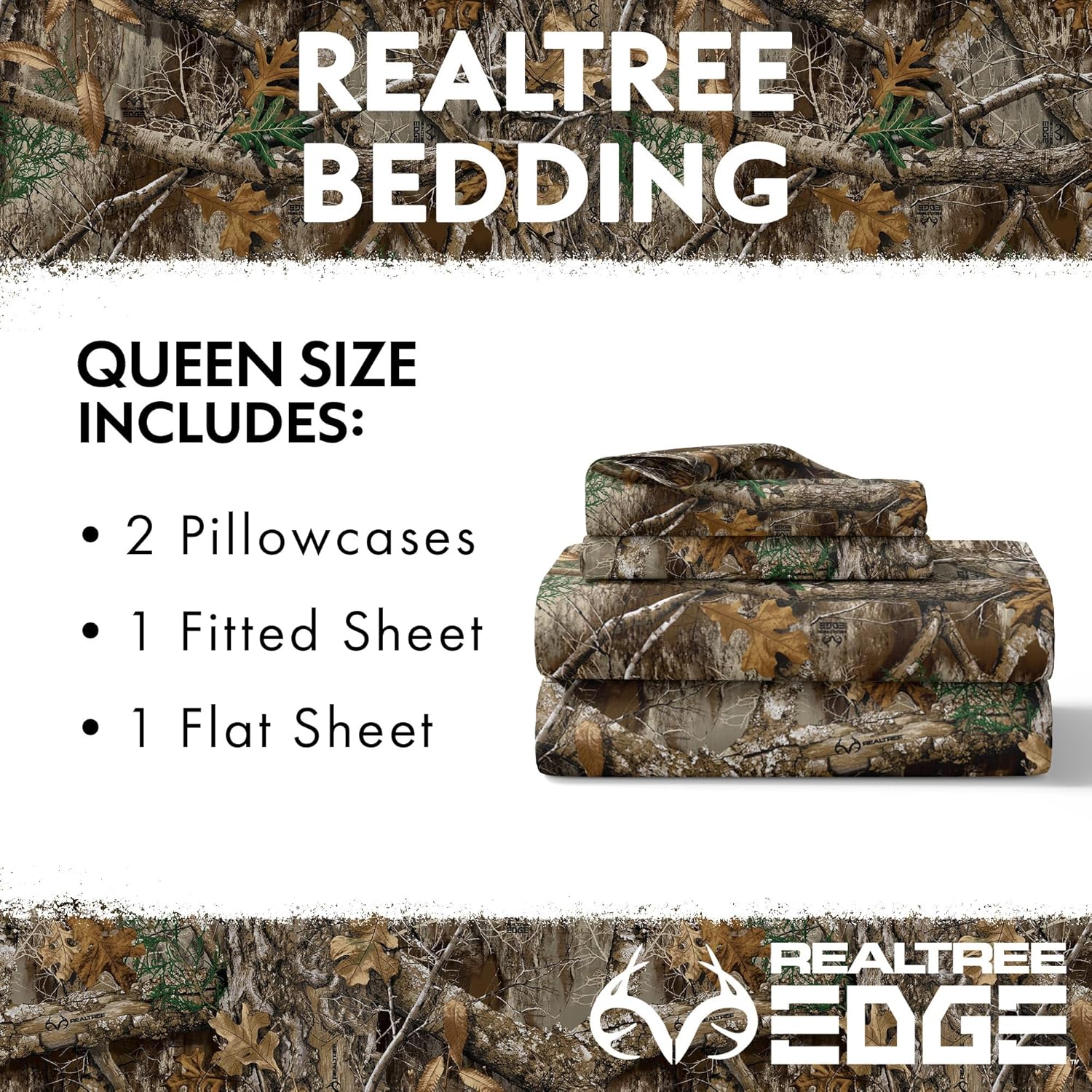 Northwest Realtree 4-Piece Queen Size Sheet Set, 1 Fitted Sheet, 1 Flat Sheet, 2 Pillowcases, Camo Bedding, Cabin Sheets, Edge Camo