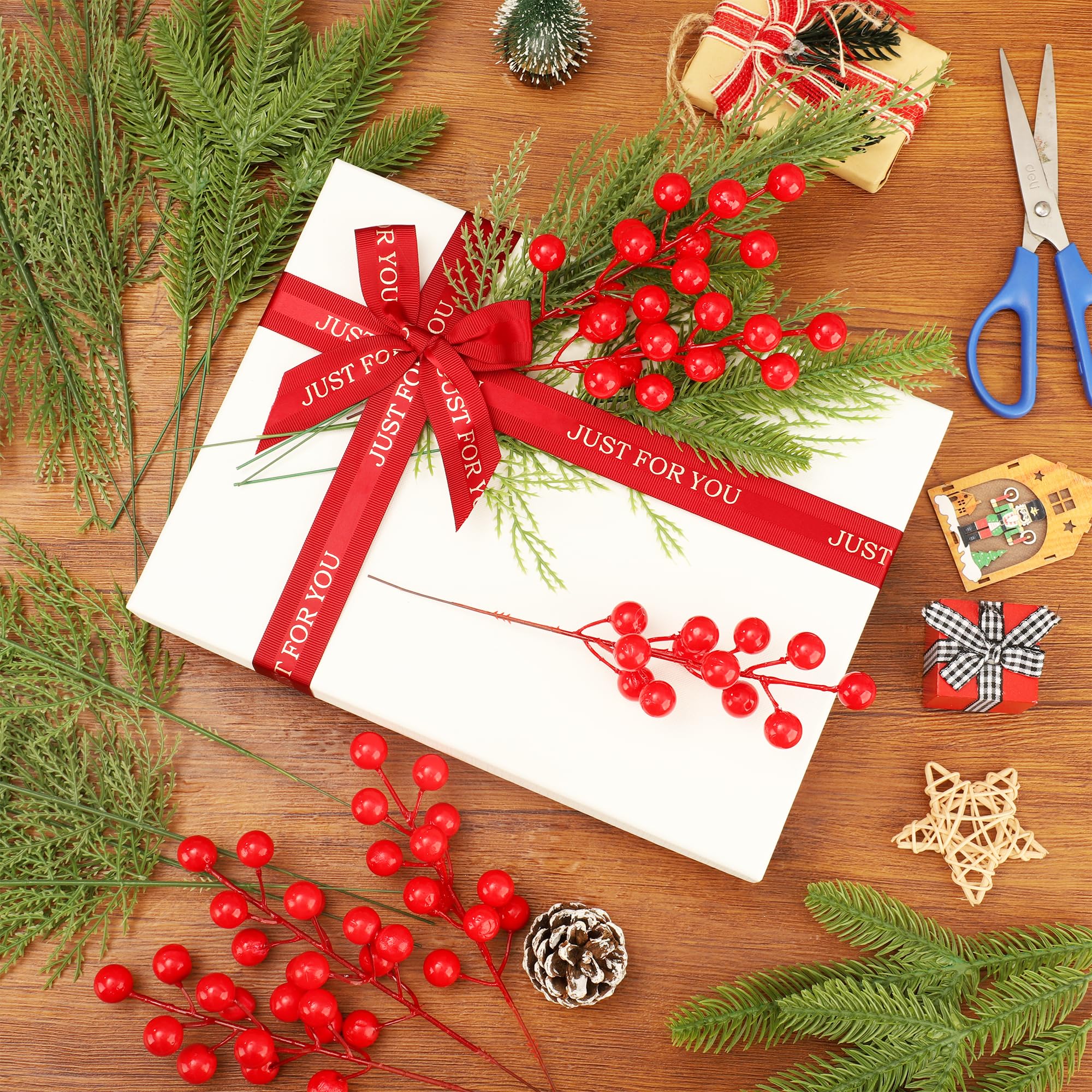 Künstliche Tannenzweige für Weihnachten, 20,3 cm, künstliche rote Beerenstiele, 34,3 cm, künstliche künstliche Tannen, Nadeln, DIY-Handwerk, Dekorationen für Weihnachtsbaum, DIY-Kranz, Girlande