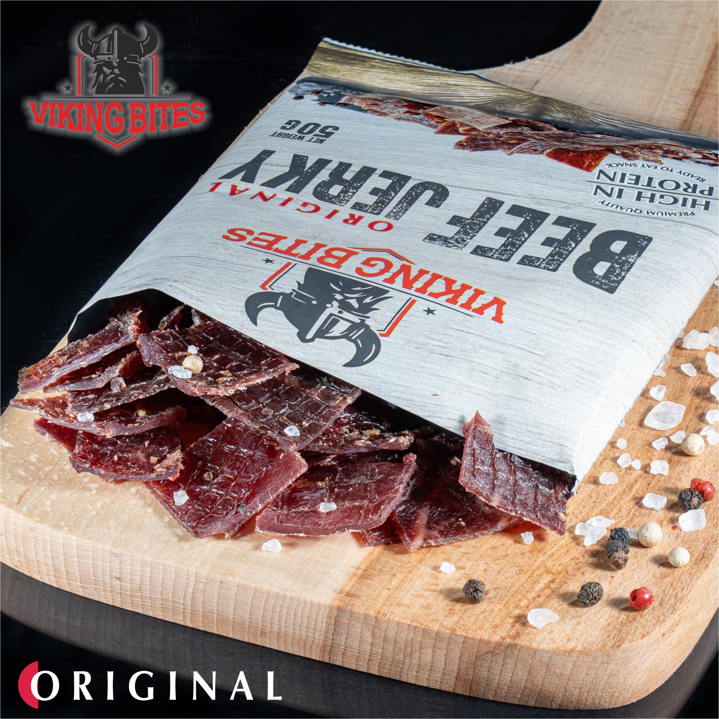 Viking Bites Beef Jerky Original 400 g (8 x 50 g) – Suszona wołowina Oryginalna – Przekąska mięsna o wysokiej zawartości białka