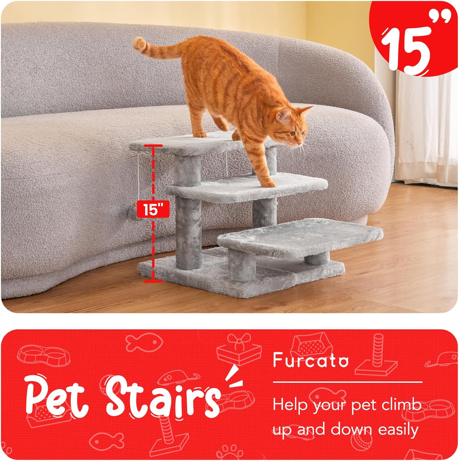 15''H Multi-Step Pet Stairs for High Beds & Sofas, 3-Step Cat Stairs with 2 Toy Balls, Wide Boards for Indoor Kittens Dogs Pets Climbing, Light Grey