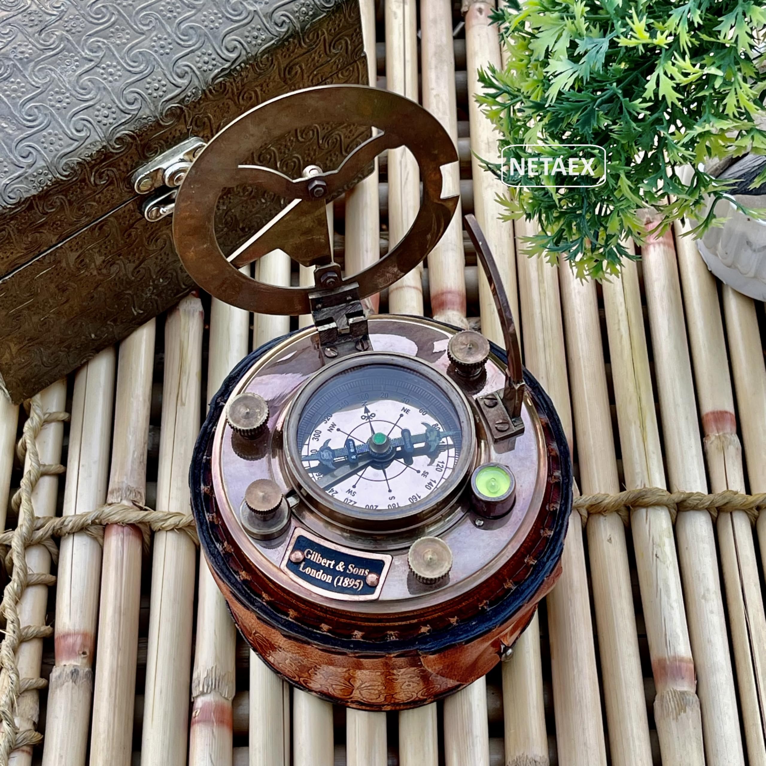 NETAEX Brass Sundial Compass, Nautical Gifts for Men, Antique Sailing Anniversary Gadget for Him, Unusual Unique Nautical Decor, Naval Maritime Pocket Watch Clock (Antique Finish)