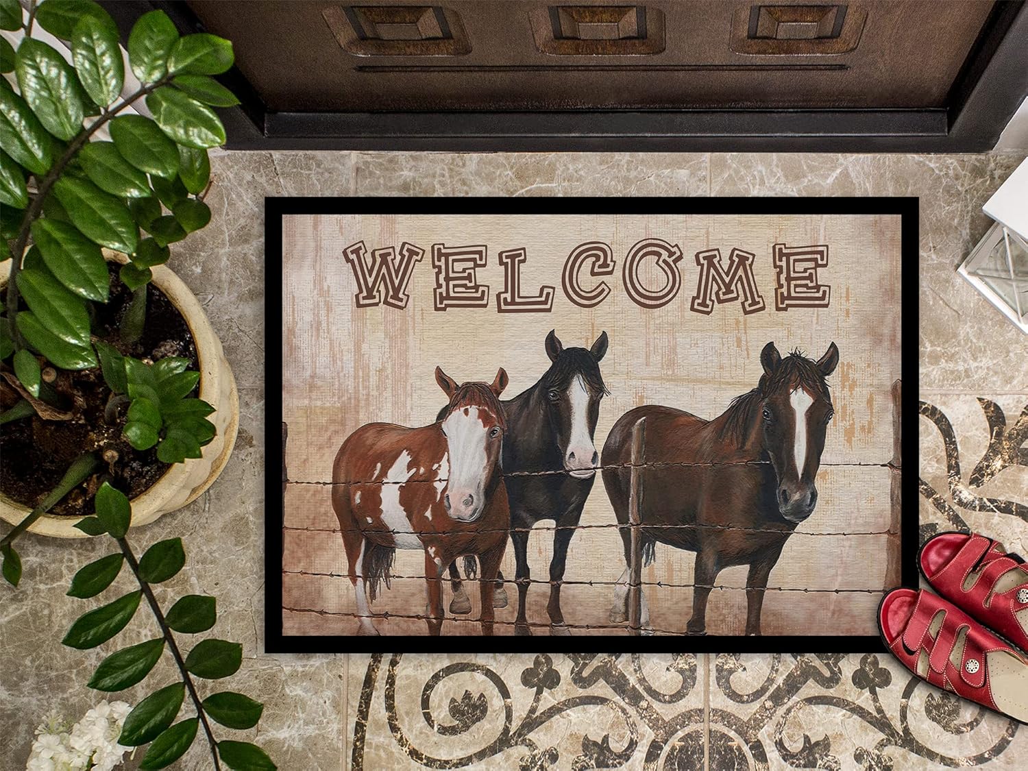 Caroline's Treasures SB3059JMAT Welcome Mat with Horses Doormat 24x36 Front Door Mat Indoor Outdoor Rugs for Entryway, Non Slip Washable Low Pile, 24H X 36W