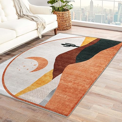 Alfombras lavables para sala de estar, dormitorio, alfombra bohemia y decoración del hogar, alfombra abstracta de luna de montaña de 4 x 6 pies,
