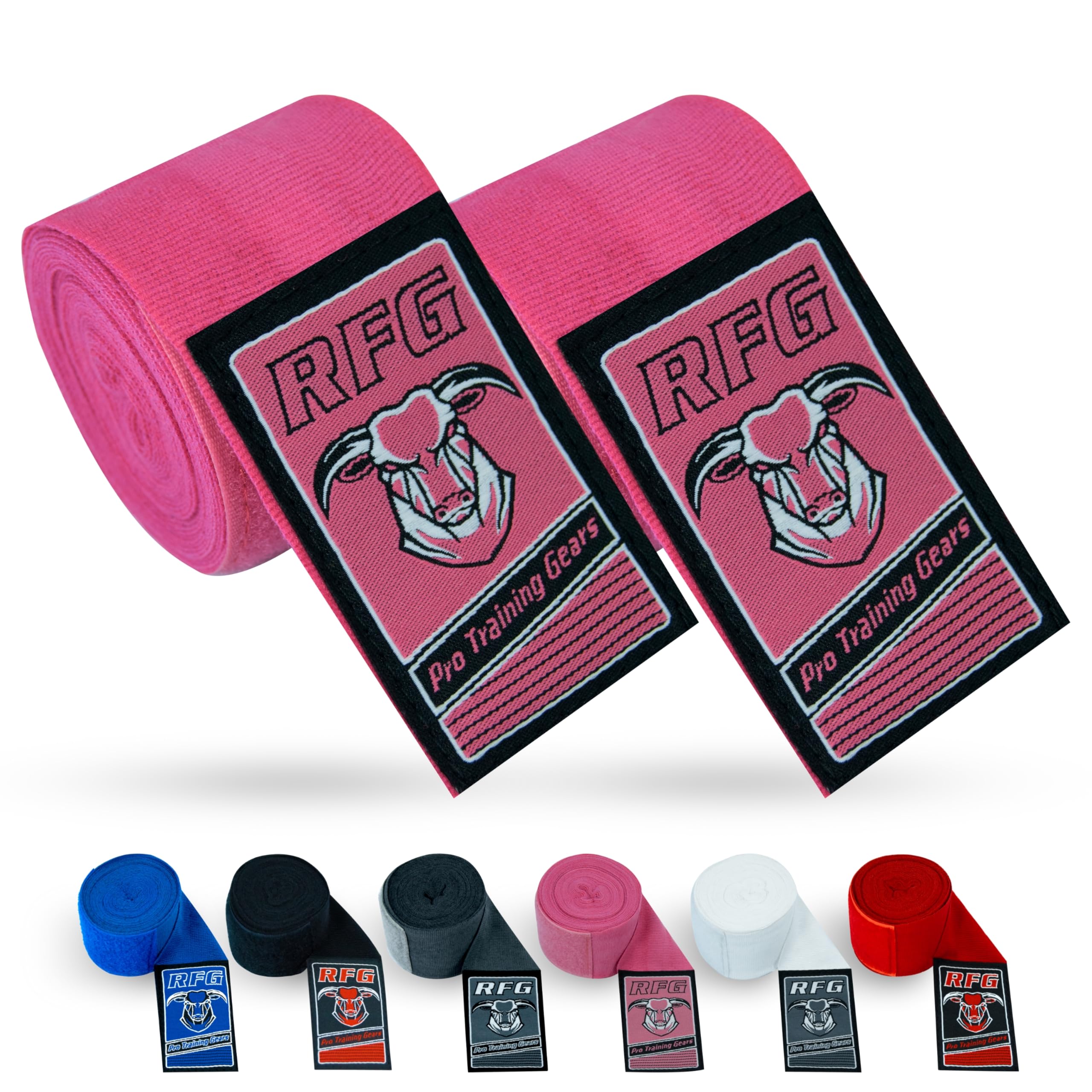 RFG Gears Boxing Hand Wraps, 2.5m, 3.5m & 4.5m Elastic Thumb Loop Bandages, Wrist Protection, Muay Thai MMA Kickboxing Training (Pink, 4.5 Meters)