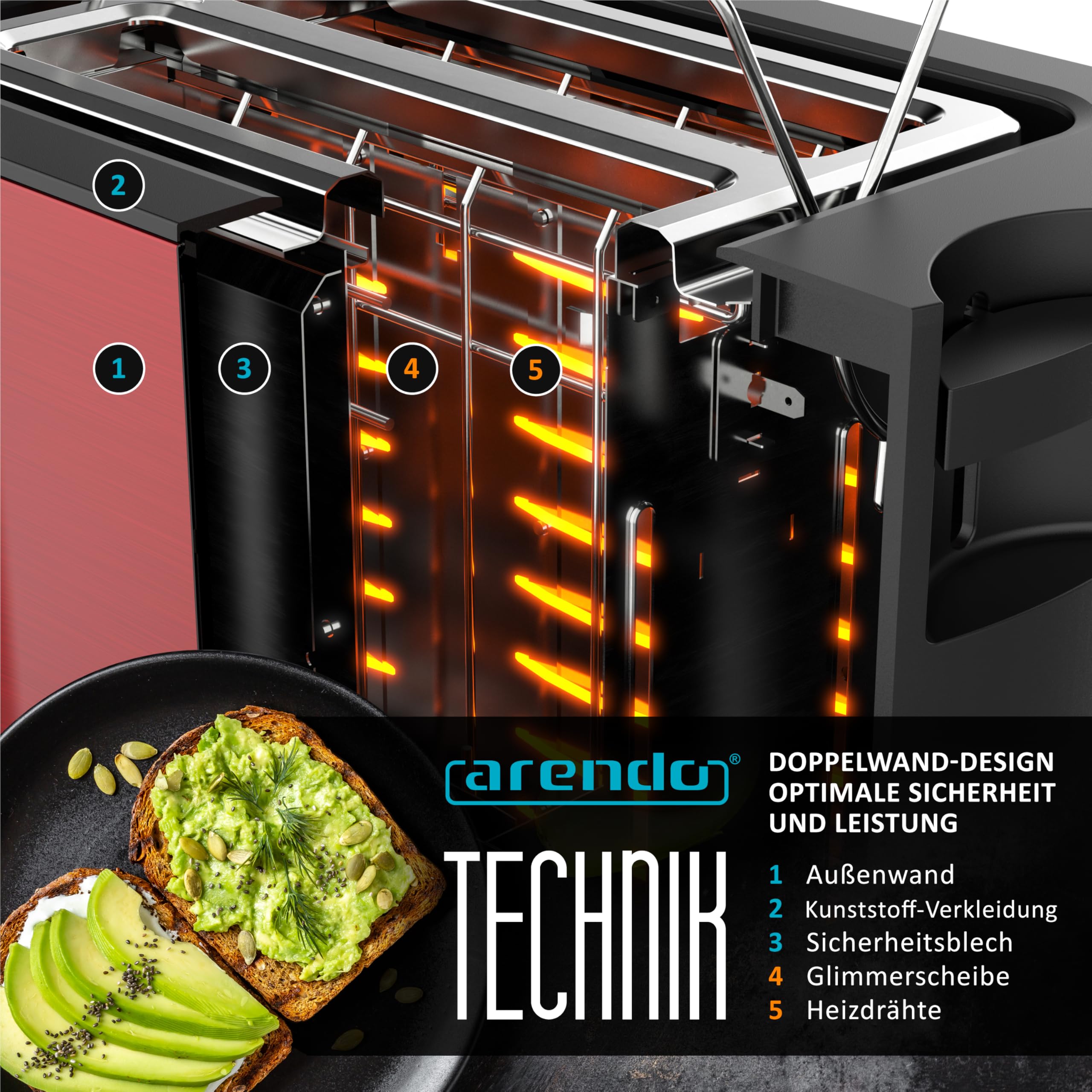 Arendo - Touch Toaster 2 Scheiben Edelstahl - Touchpanel - digital Display Restzeitanzeige - 800 W – Doppelwandgehäuse – mit Brötchenaufsatz – 7 Bräunungsgrade – Brotscheibenzentrierung - Rot