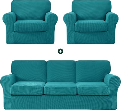 CHUN YI Two Armchair Sofa Slipcovers Bundles Large Couch Cover with Separate Backrests and Cushions, Checks Spandex Jacquard FabricTeal