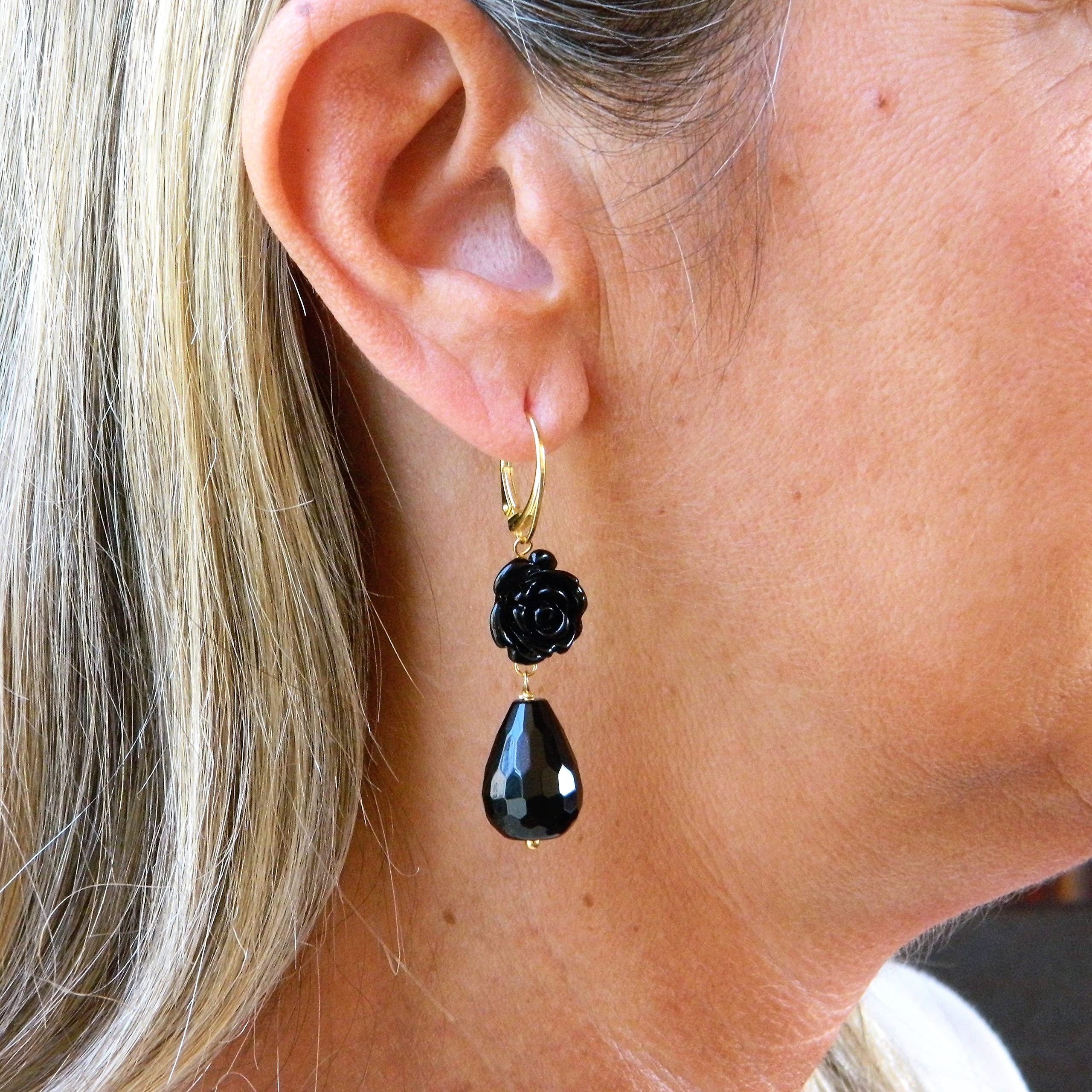 Orecchini Pendenti Donna in Resina Nera e Onice Naturale | Argento 925 Placcato Oro | Handmade Made in Italy | Anallergici e Nickel-Free | DodiGioielli