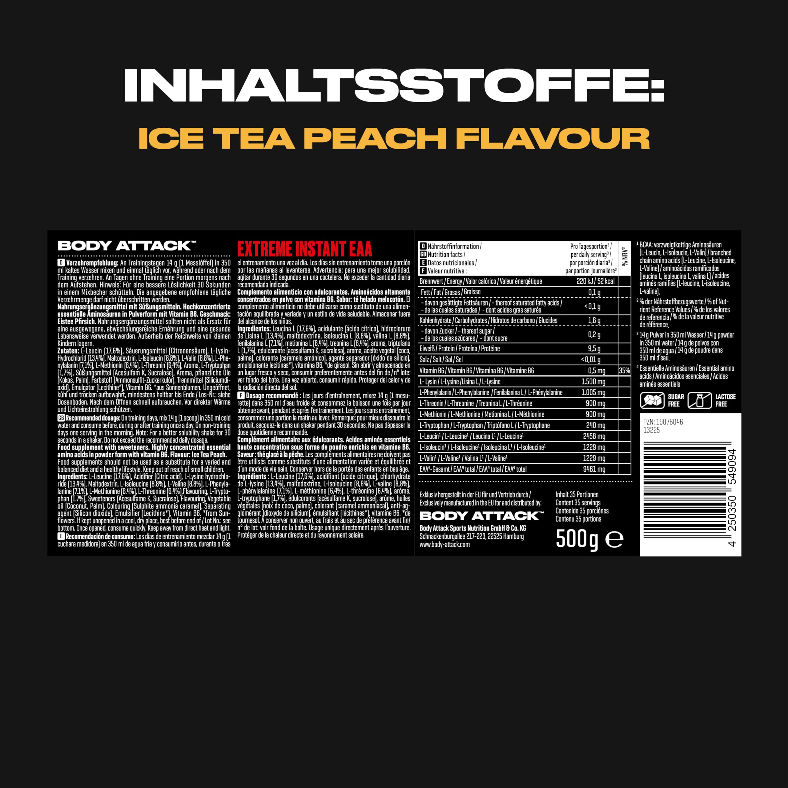 Body Attack Extreme Instant EAA Pulver - Ice Tea Peach, 500 g - Made in Germany - 8 essentielle Aminosäuren für eine Protein reiche Ernährung & intensives Training
