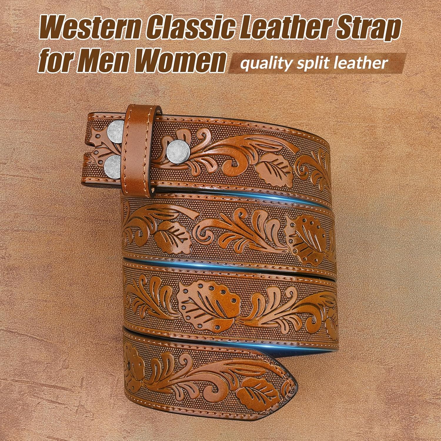 Western Cowboy Belt for Men Women, Country Longhorn-Bull Horse Buckle Embossed Leather Belt for Jeans Gift - Image 3