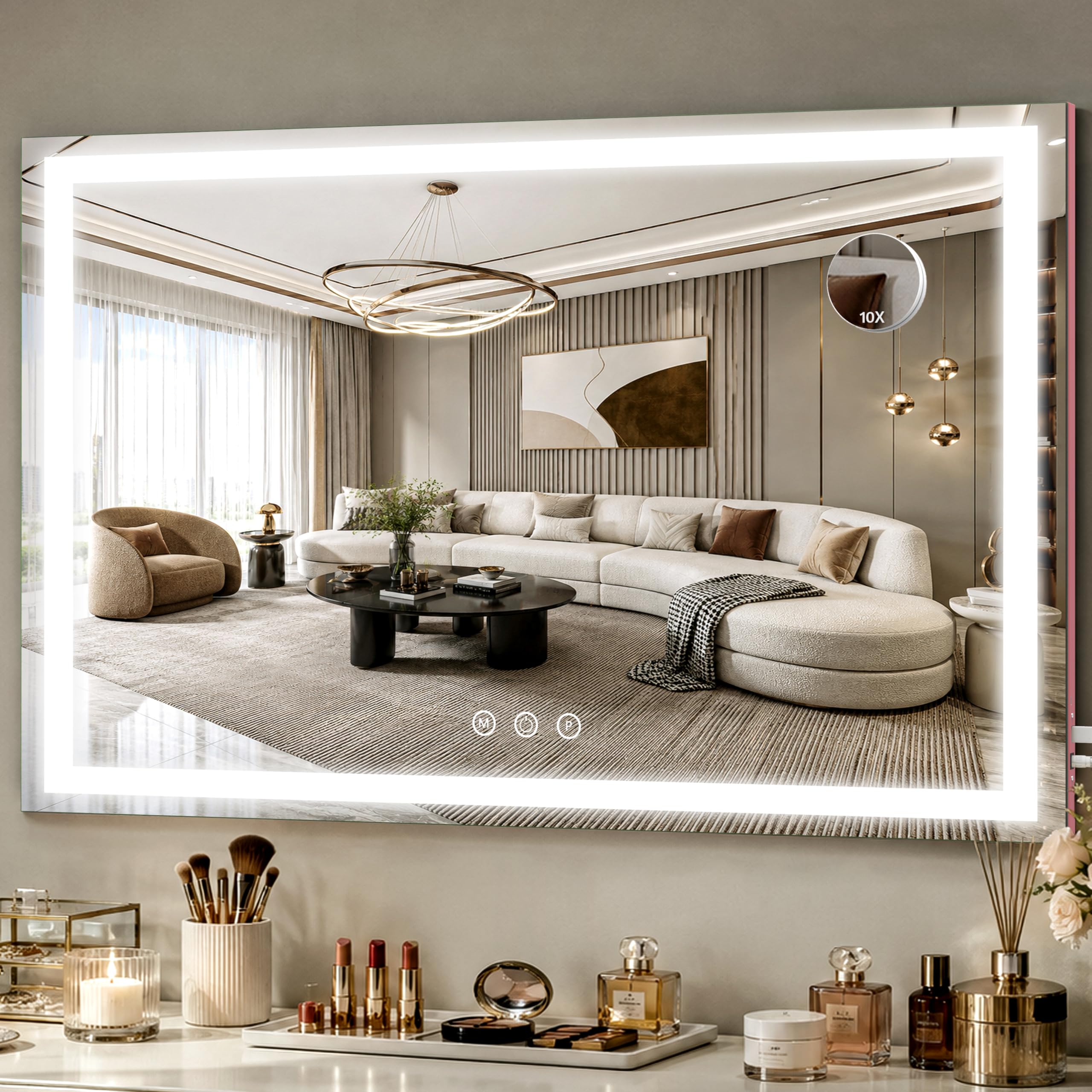 FENNIO Large Vanity Mirror with Lights，40" x 28"Makeup Mirror with Lights，Hollywood Mirror with 3 Color Modes &amp; Adjustable Brightness，Vanity Mirror Square Pink